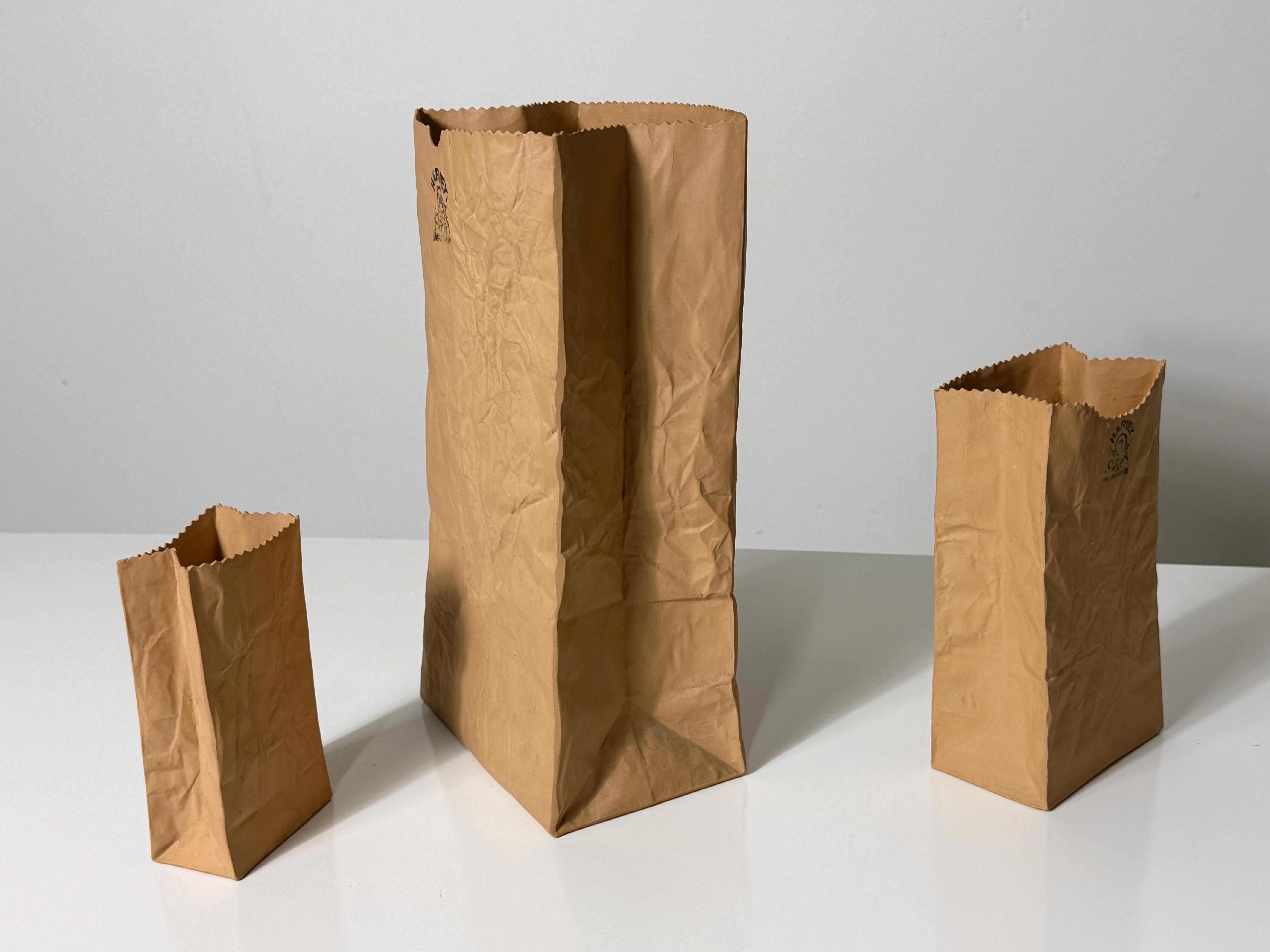 Mid-Century Modern Set of 3 Michael Harvey Craft Pop Art Ceramic Paper Bag Sculpture Vases 1970s
