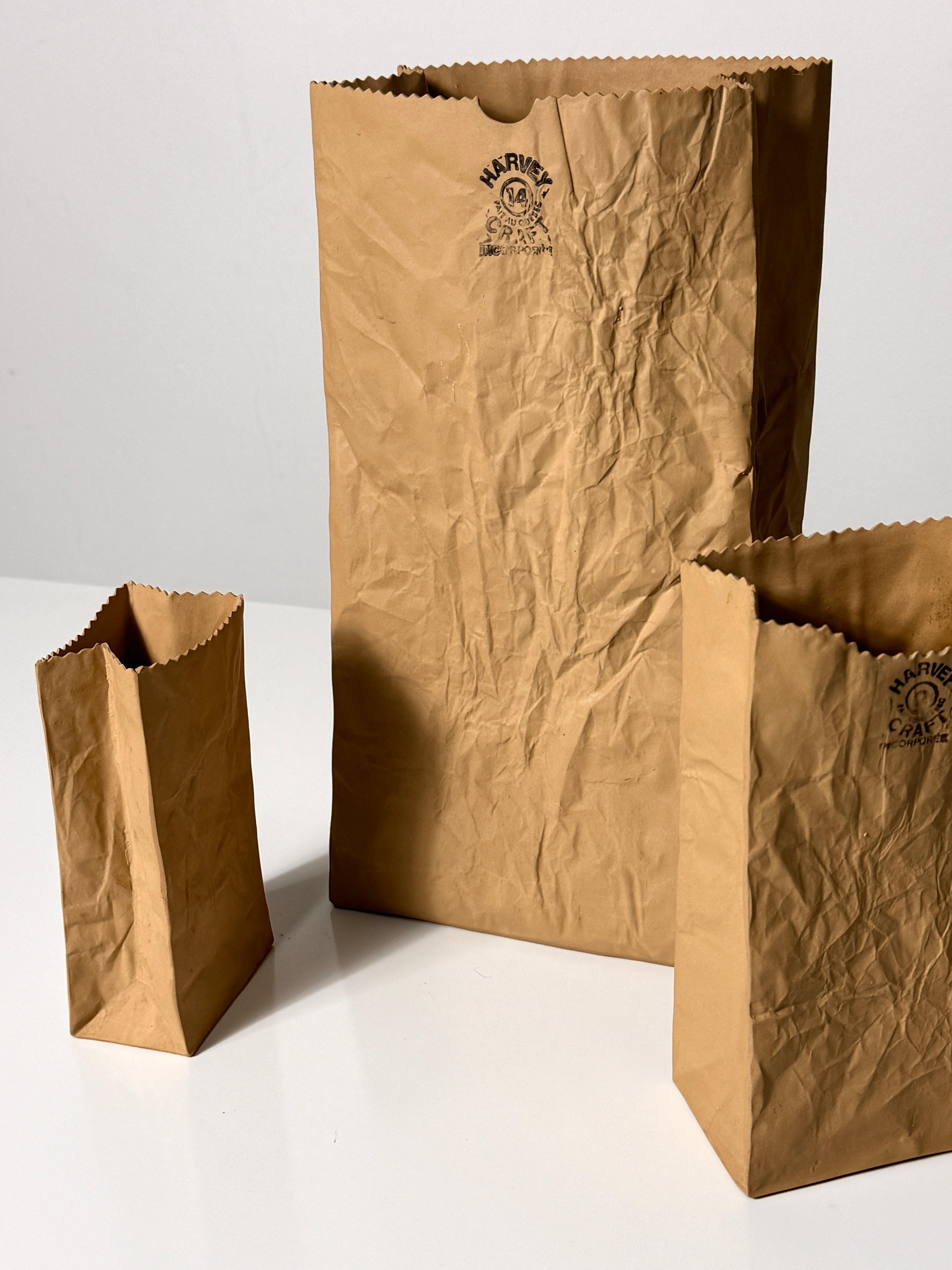Set of 3 Michael Harvey Craft Pop Art Ceramic Paper Bag Sculpture Vases 1970s 1