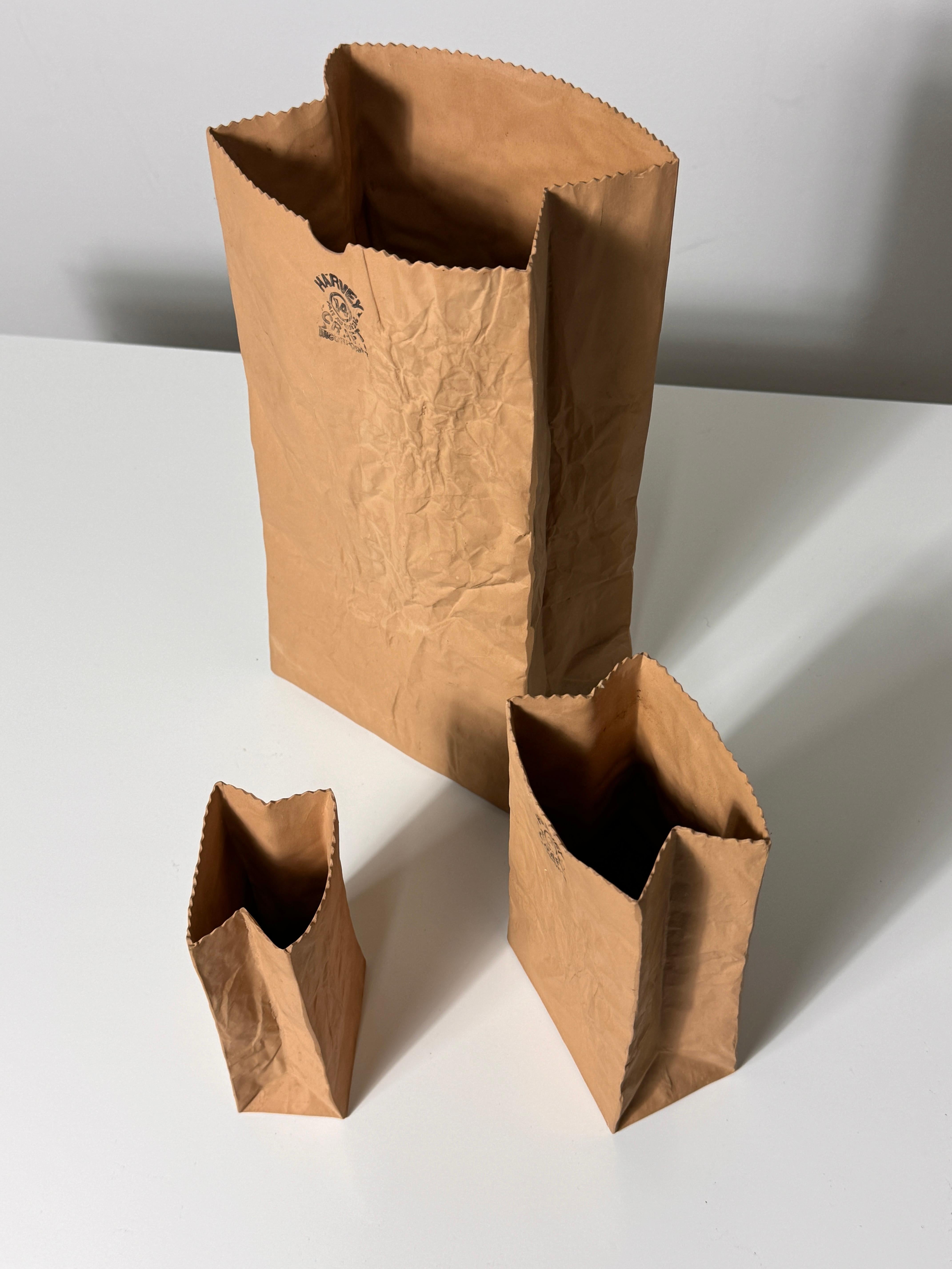 Set of 3 Michael Harvey Craft Pop Art Ceramic Paper Bag Sculpture Vases 1970s 2