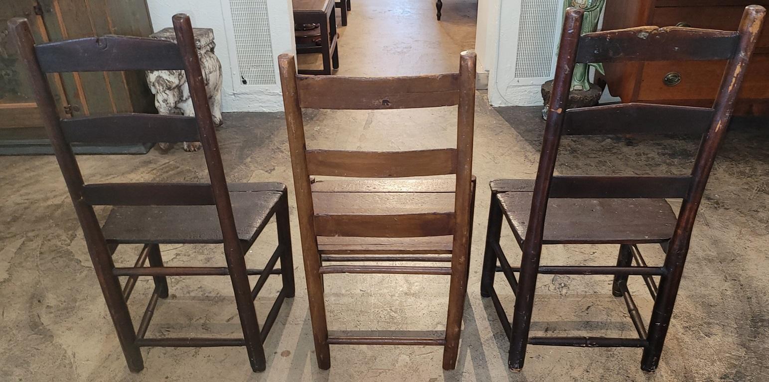 19th Century Set of 3 Mid 19C Shaker Pioneer Ladderback Chairs