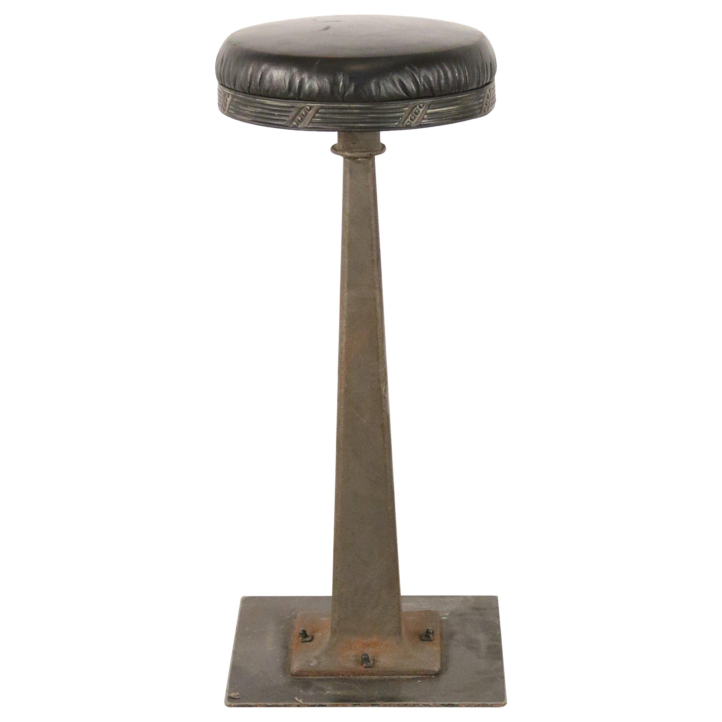 Set of 3 Mid-Century American Black Vinyl and Cast Metal Bar Stools
