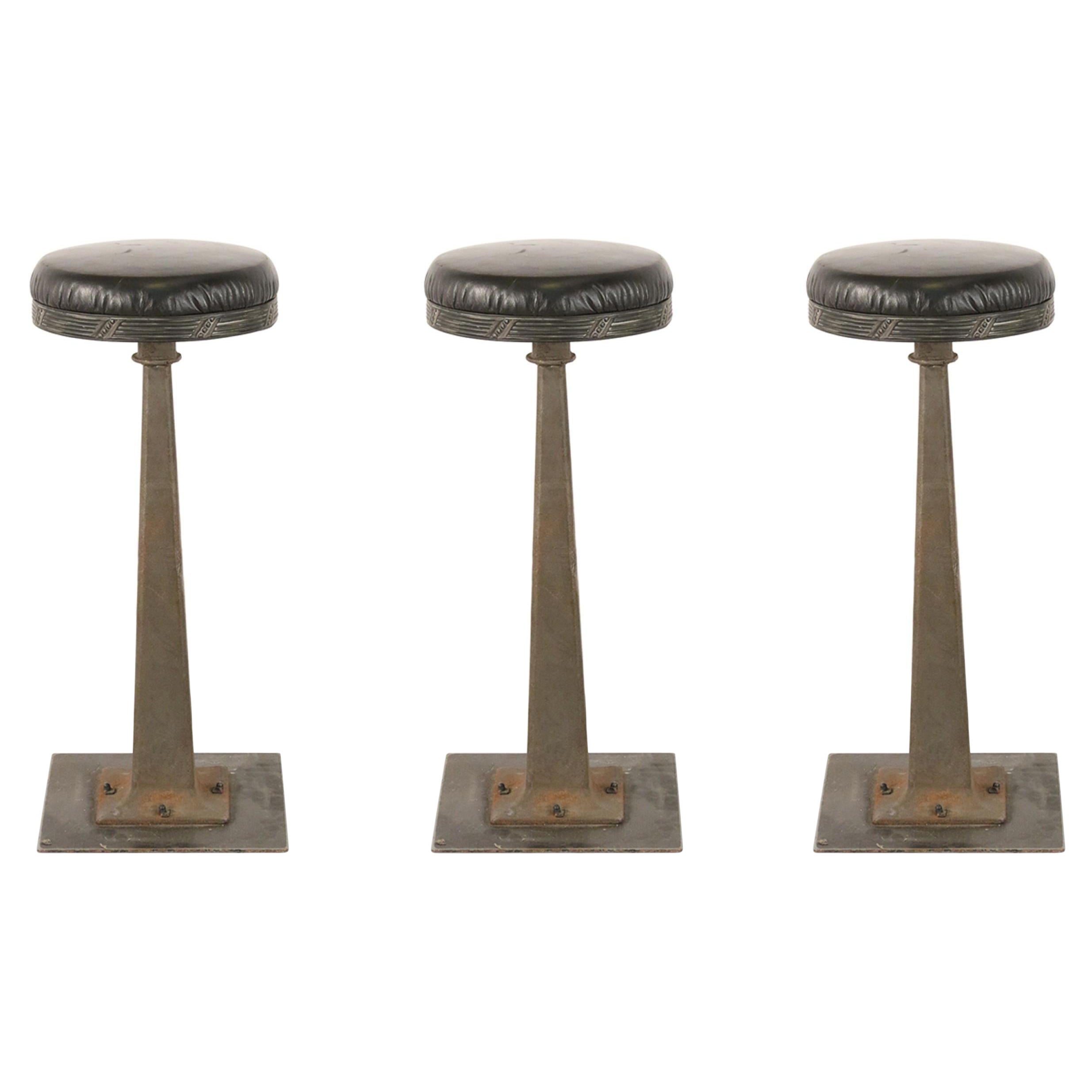 Set of 3 Mid-Century American Black Vinyl and Cast Metal Bar Stools