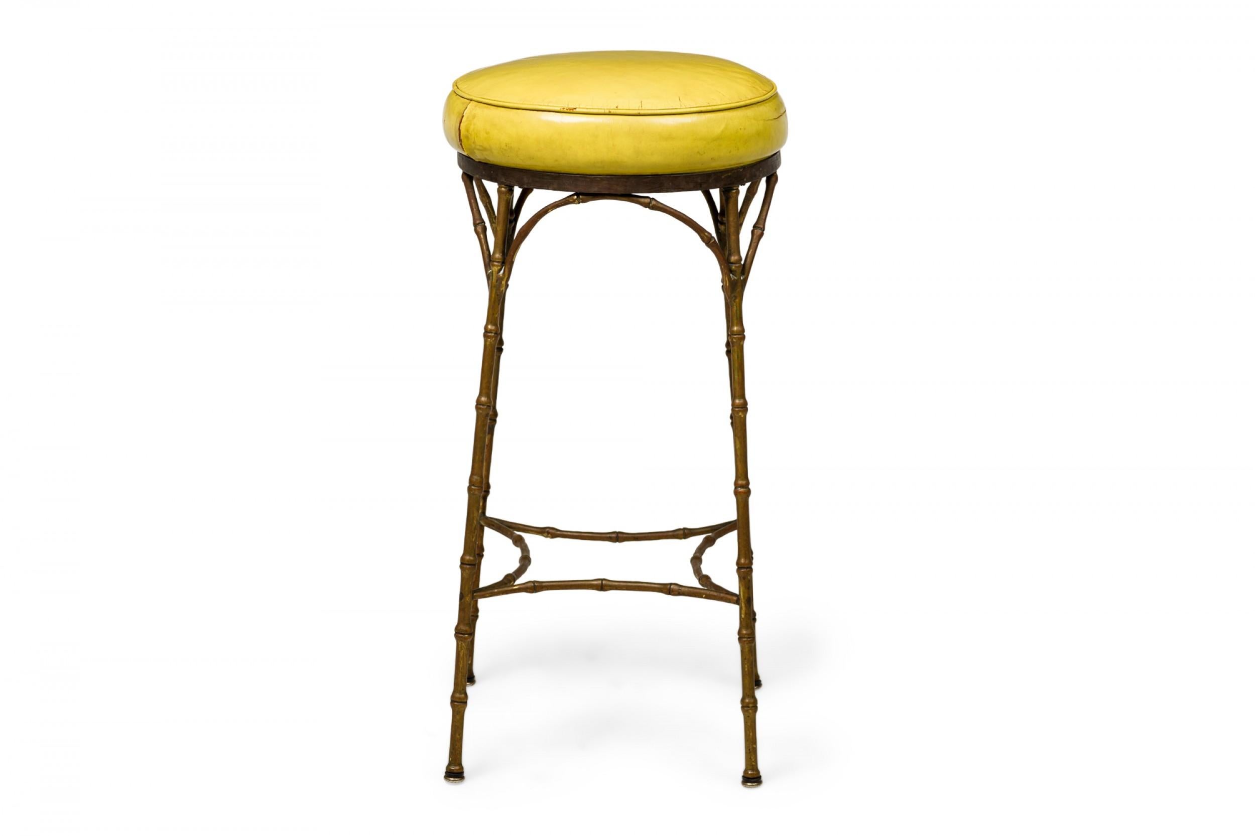 20th Century 3 Mid-Century American Yellow Leather and Brass Faux Bamboo Bar Stools