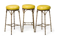 3 Mid-Century American Yellow Leather and Brass Faux Bamboo Bar Stools