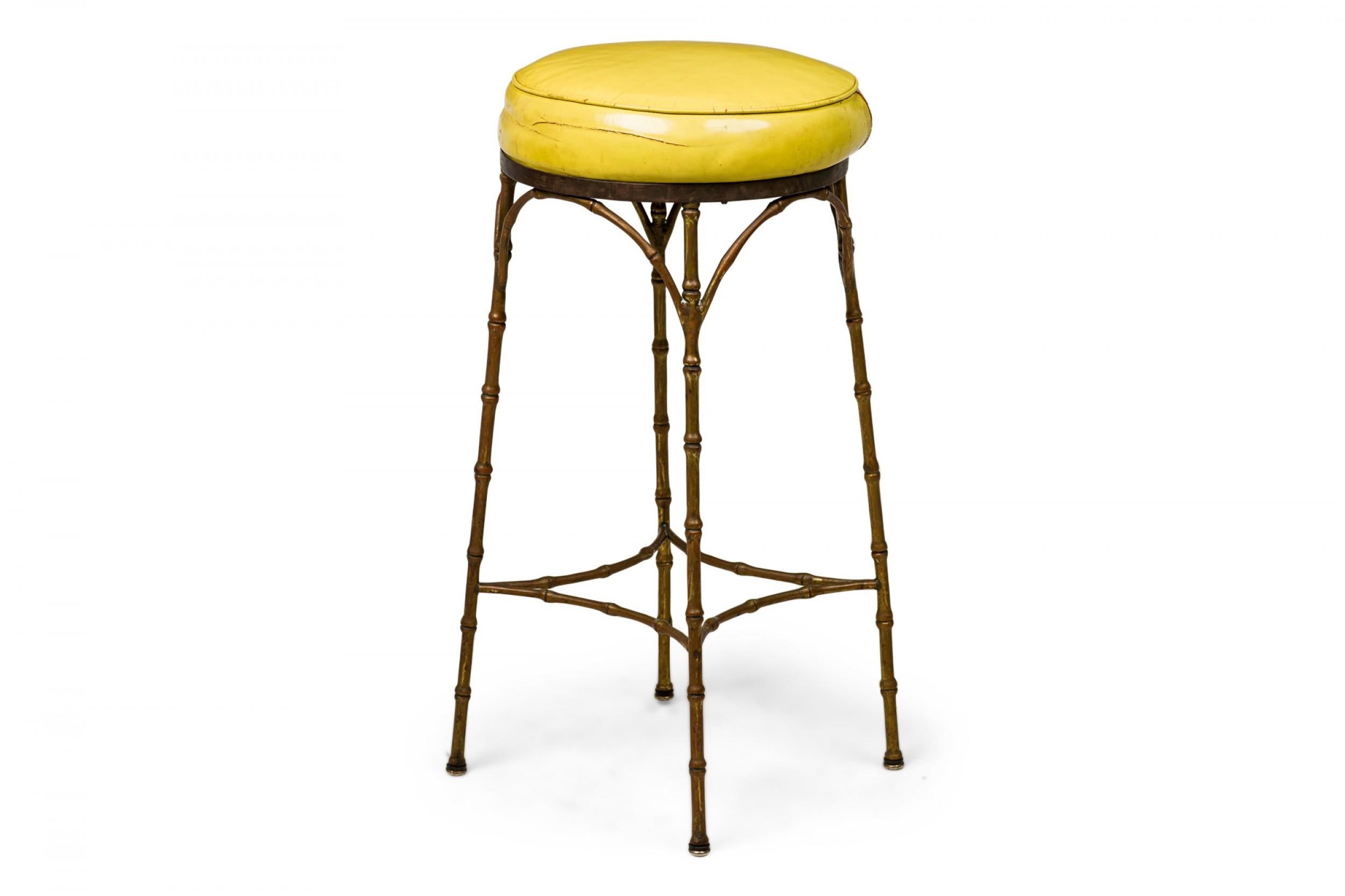 Mid-Century Modern 3 Mid-Century American Yellow Leather and Brass Faux Bamboo Bar Stools