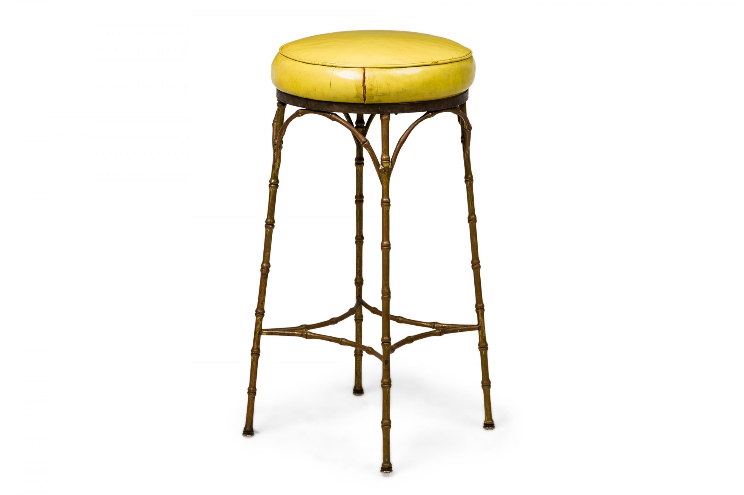 3 Mid-Century American Yellow Leather and Brass Faux Bamboo Bar Stools In Good Condition In Queens, NY