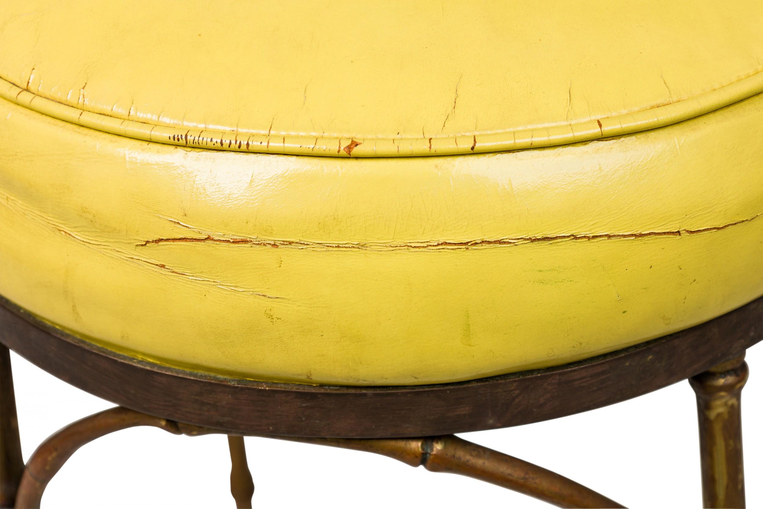 3 Mid-Century American Yellow Leather and Brass Faux Bamboo Bar Stools 4