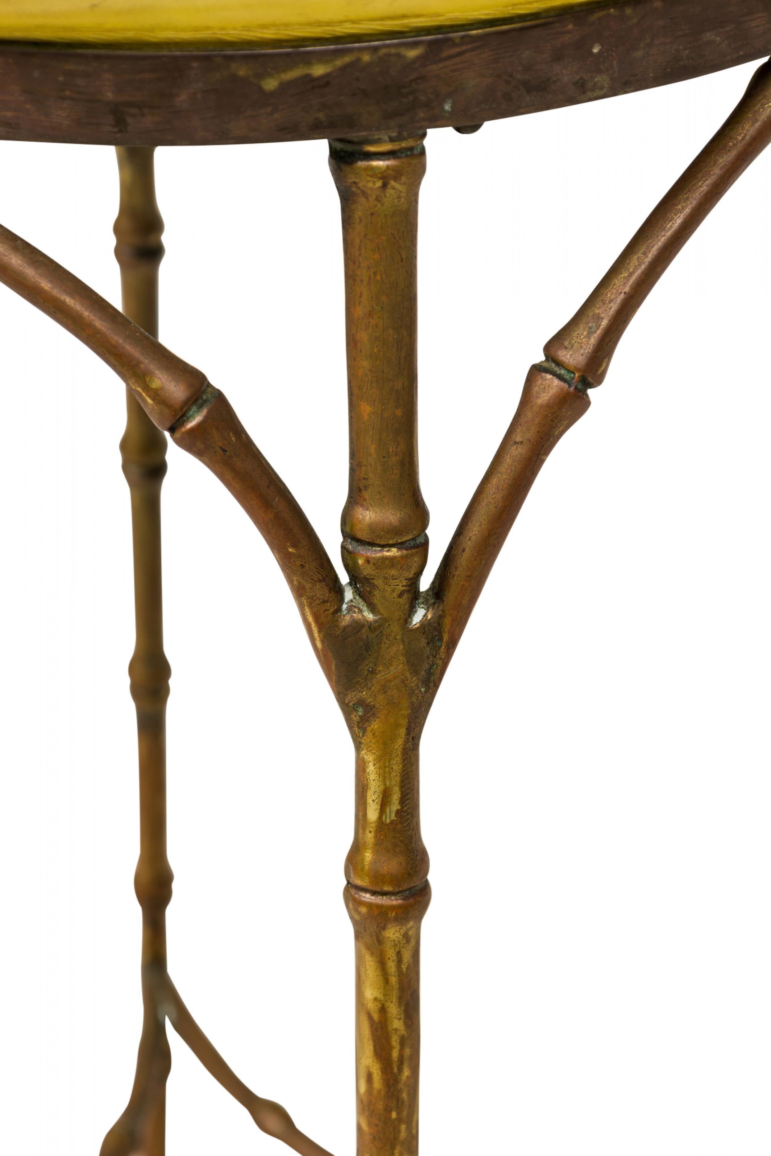 3 Mid-Century American Yellow Leather and Brass Faux Bamboo Bar Stools 1