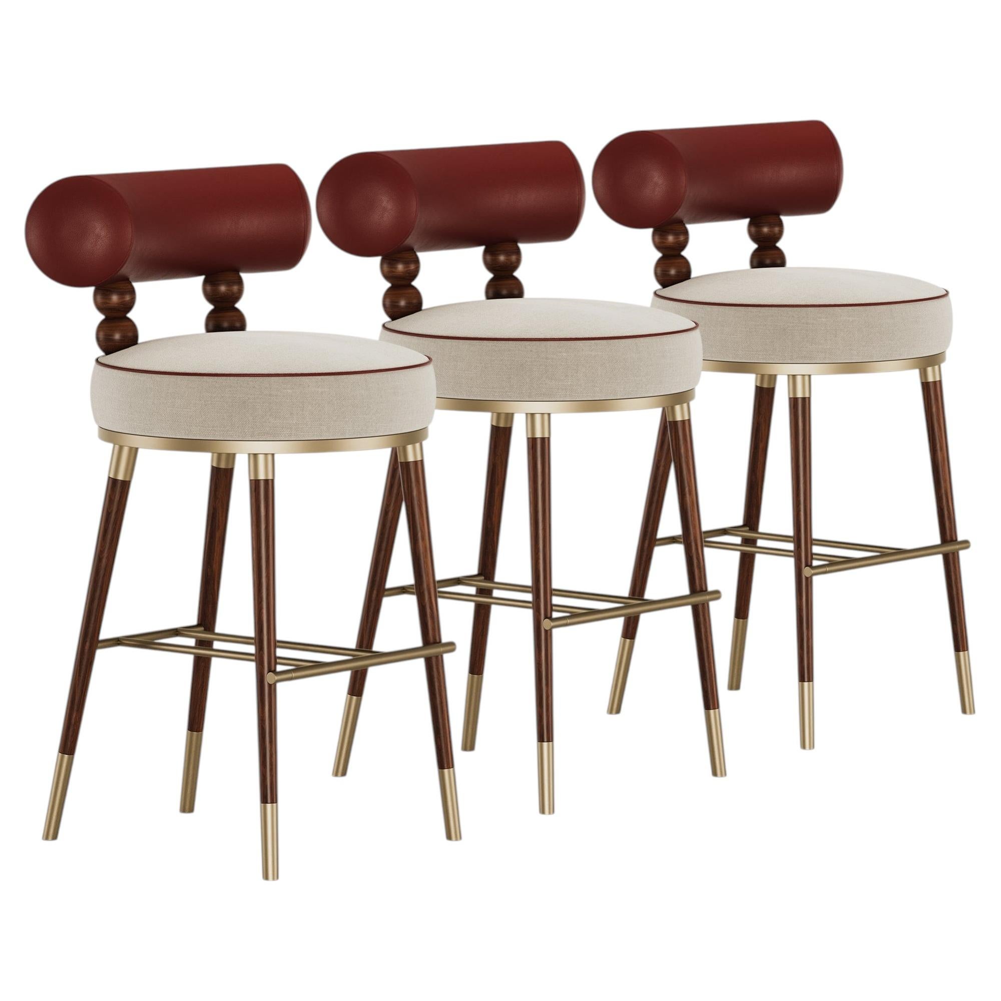 Set di 3 sgabelli da bar Aretha di metà secolo in pelle e legno di noce di Atelier 3