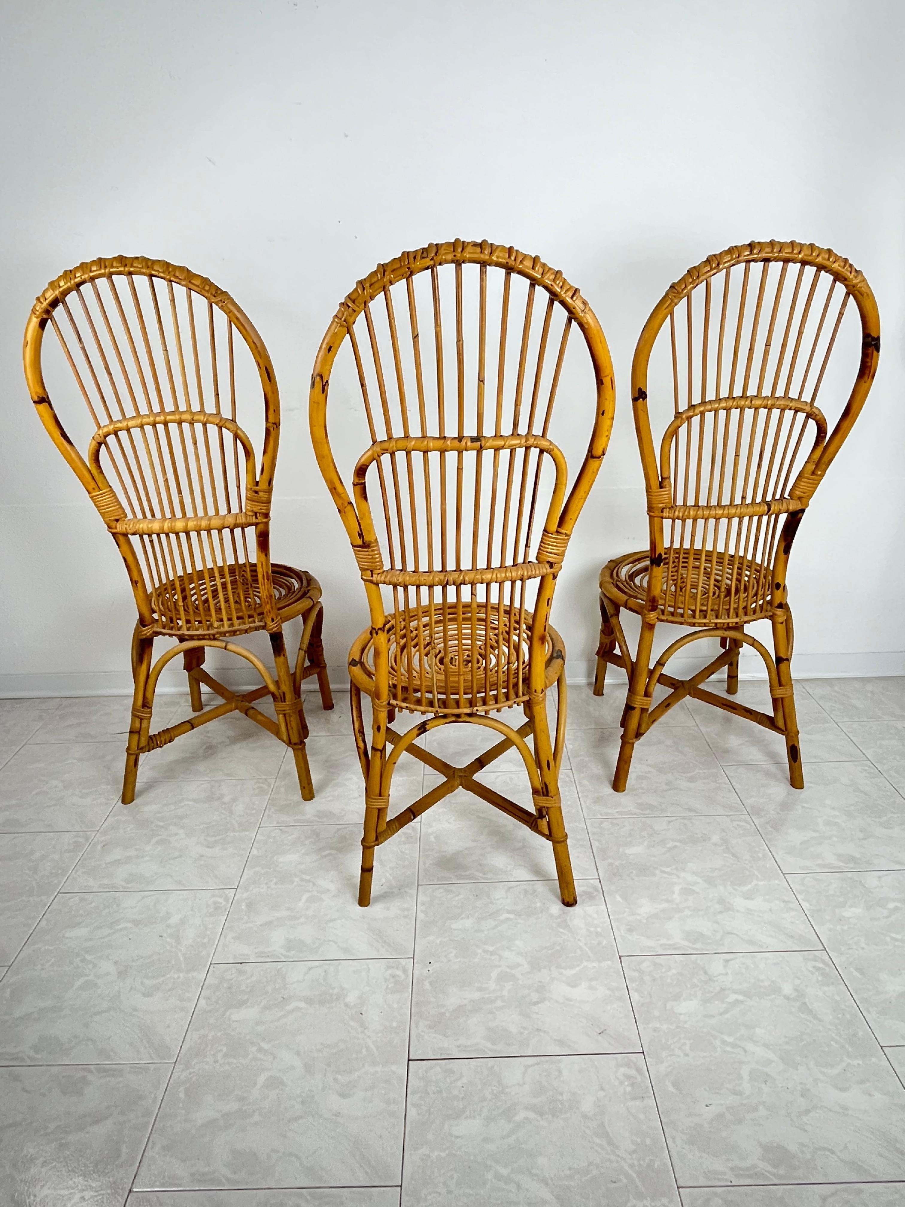 Set of 3 Mid-Century Bamboo  Chairs With Fan Backs Italian Design  1950s In Good Condition For Sale In Palermo, IT