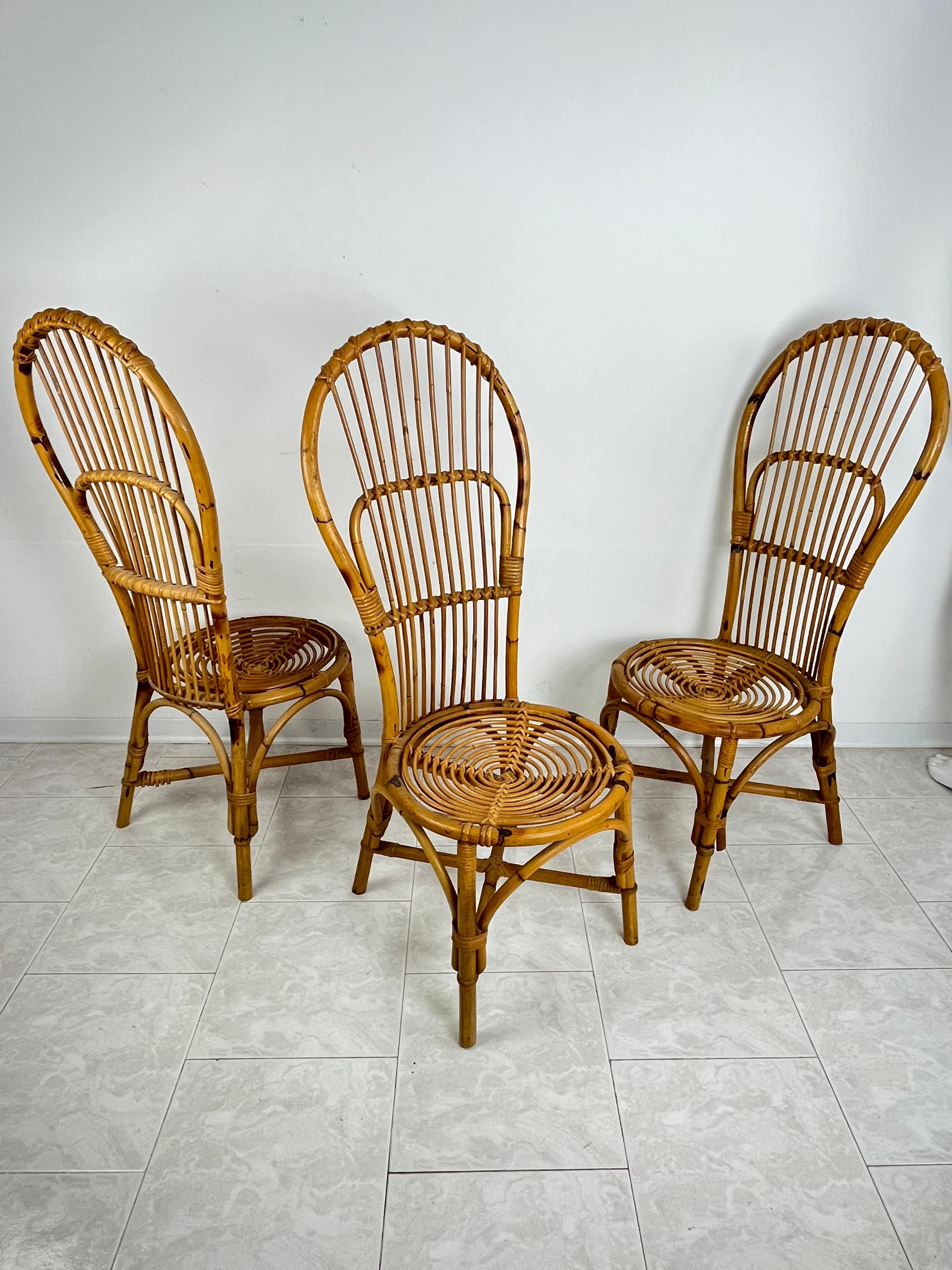 3er-Set Mid-Century-Bambus  Stühle mit Fächerrückenlehnen, italienisches Design  1950s im Zustand „Gut“ im Angebot in Palermo, IT