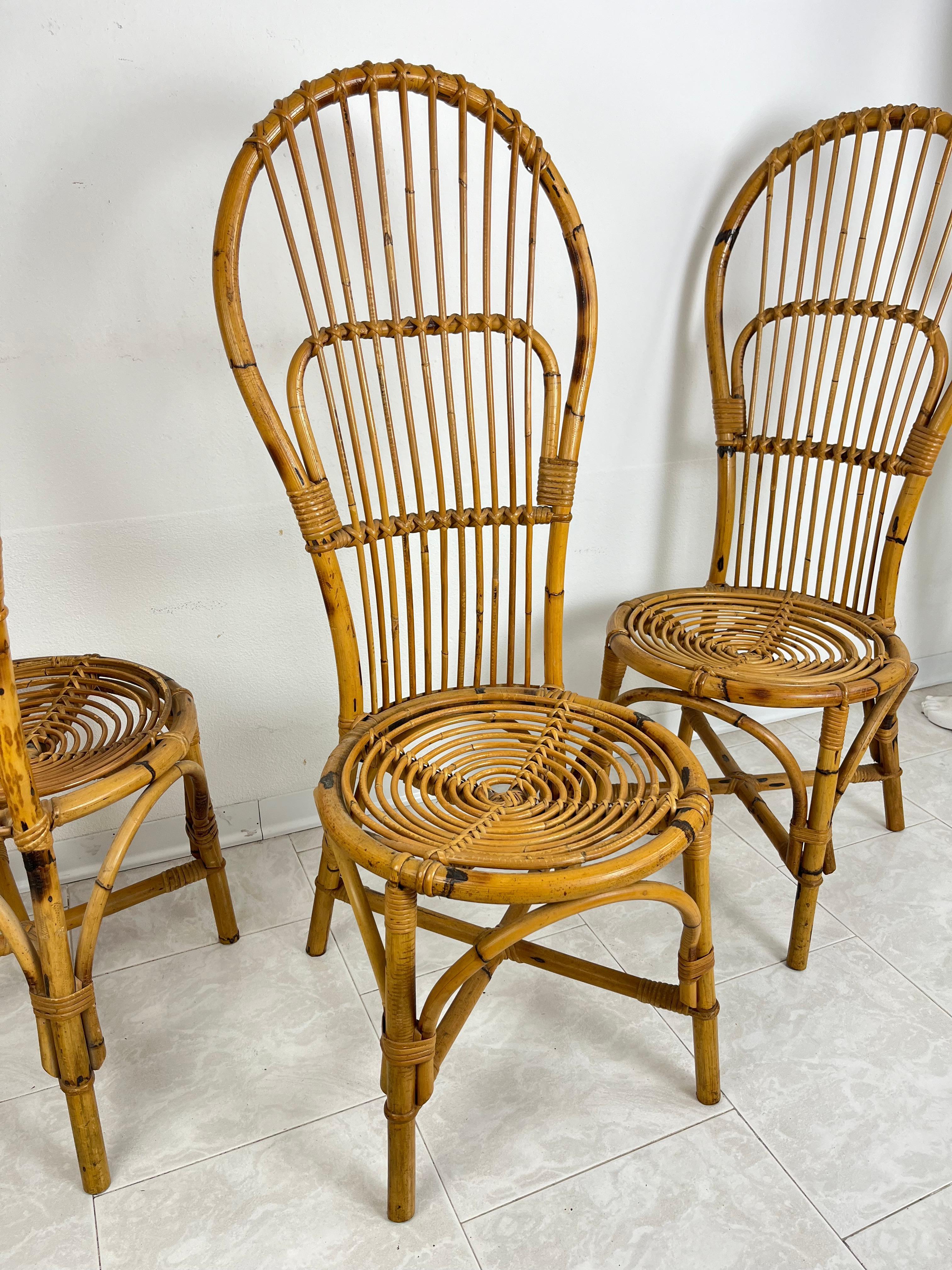 3er-Set Mid-Century-Bambus  Stühle mit Fächerrückenlehnen, italienisches Design  1950s (Mitte des 20. Jahrhunderts) im Angebot