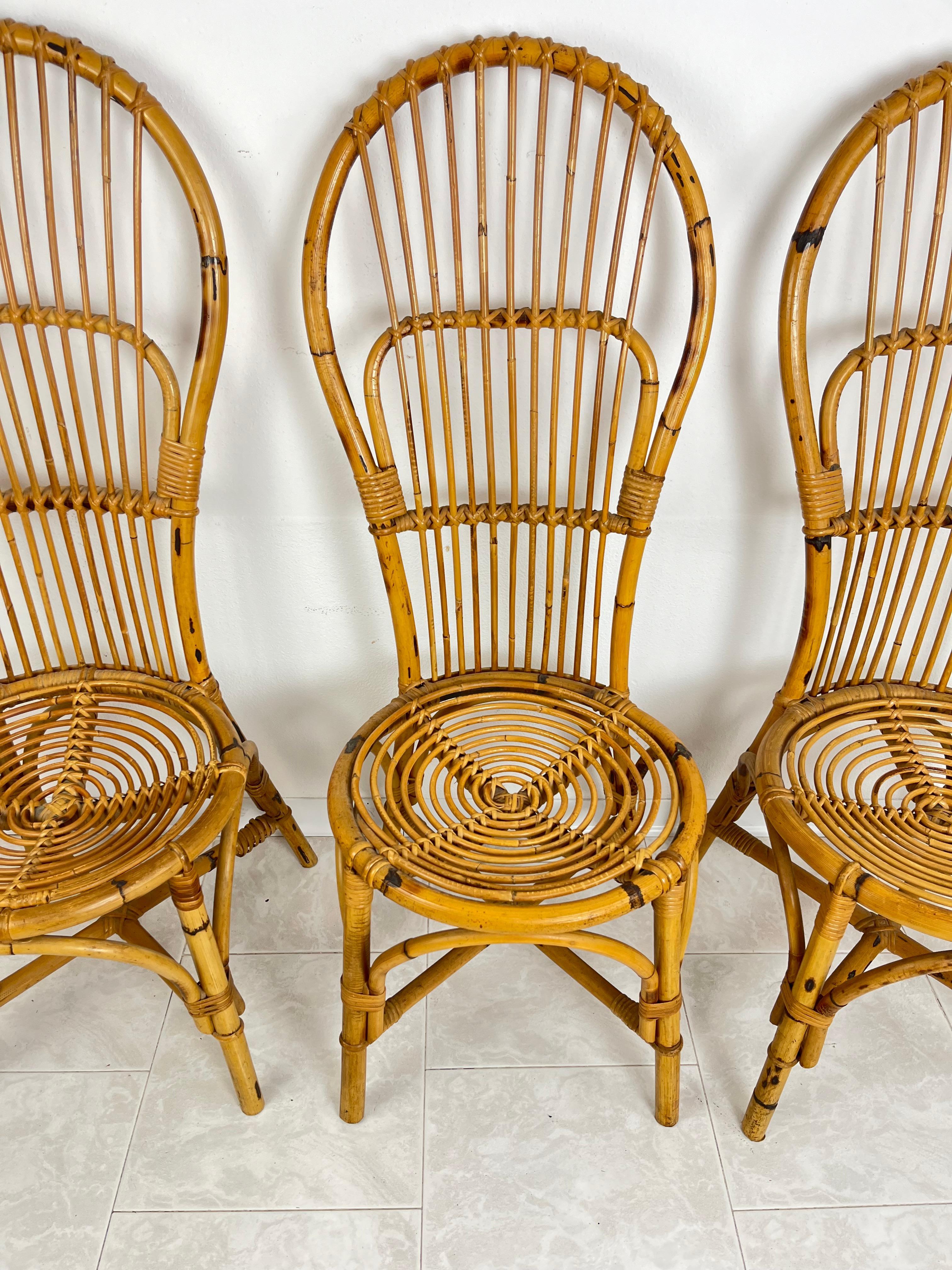 Set of 3 Mid-Century Bamboo  Chairs With Fan Backs Italian Design  1950s For Sale 3