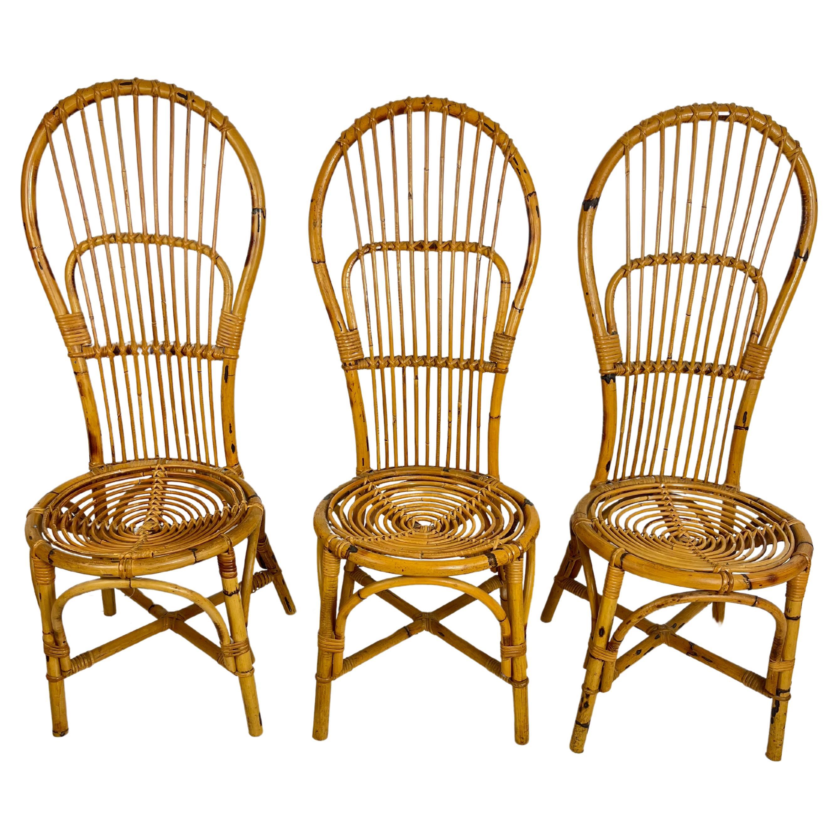 Set of 3 Mid-Century Bamboo  Chairs With Fan Backs Italian Design  1950s For Sale