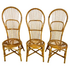 Retro Set of 3 Mid-Century Bamboo  Chairs With Fan Backs Italian Design  1950s