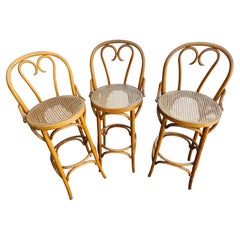 Set of 3 Mid-Century Bentwood Bar Stools w Caned Seats attributed to Thonet 1960