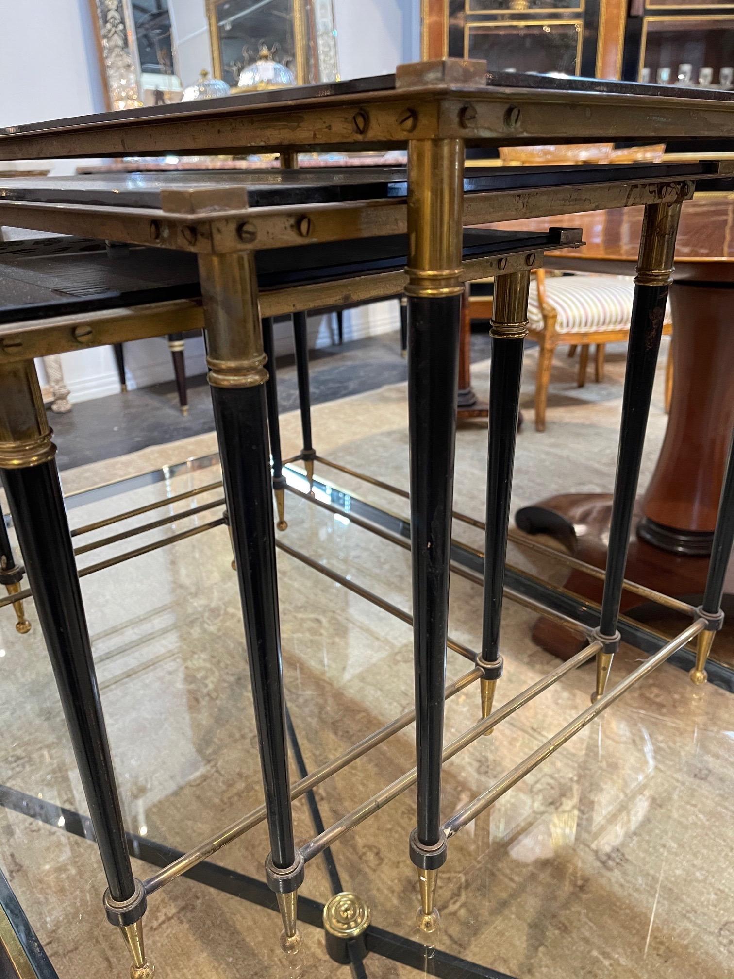 20th Century Set of 3 Midcentury Brass and Black Glass Nesting Tables