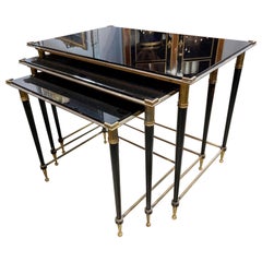 Set of 3 Midcentury Brass and Black Glass Nesting Tables