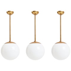 Set of 3 Midcentury Brass and Glass Globes Ceiling Lights