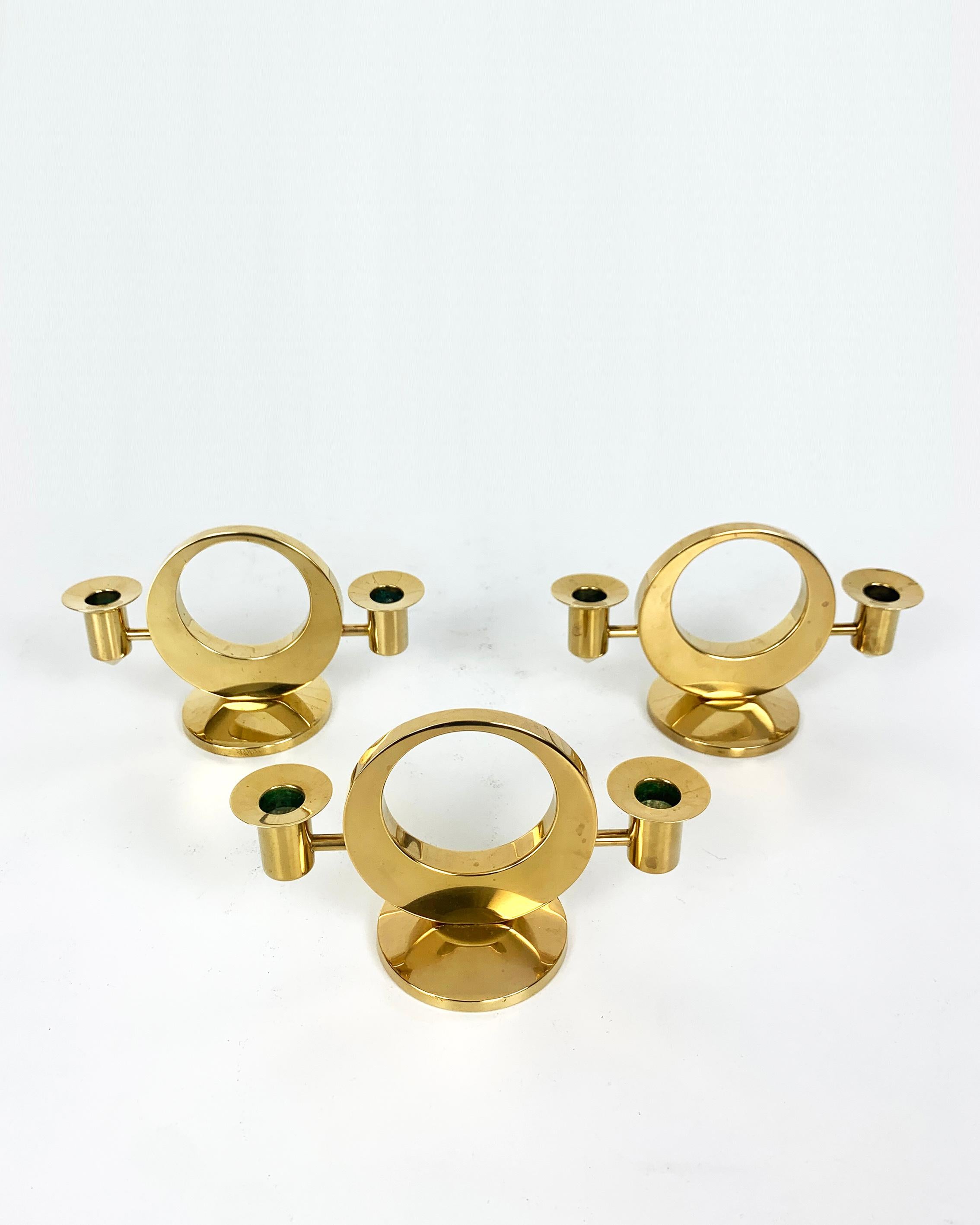 Scandinavian Modern Set of 3 Mid-Century Candelabras in Brass by Arthur Pe, Kolbäck, Sweden For Sale
