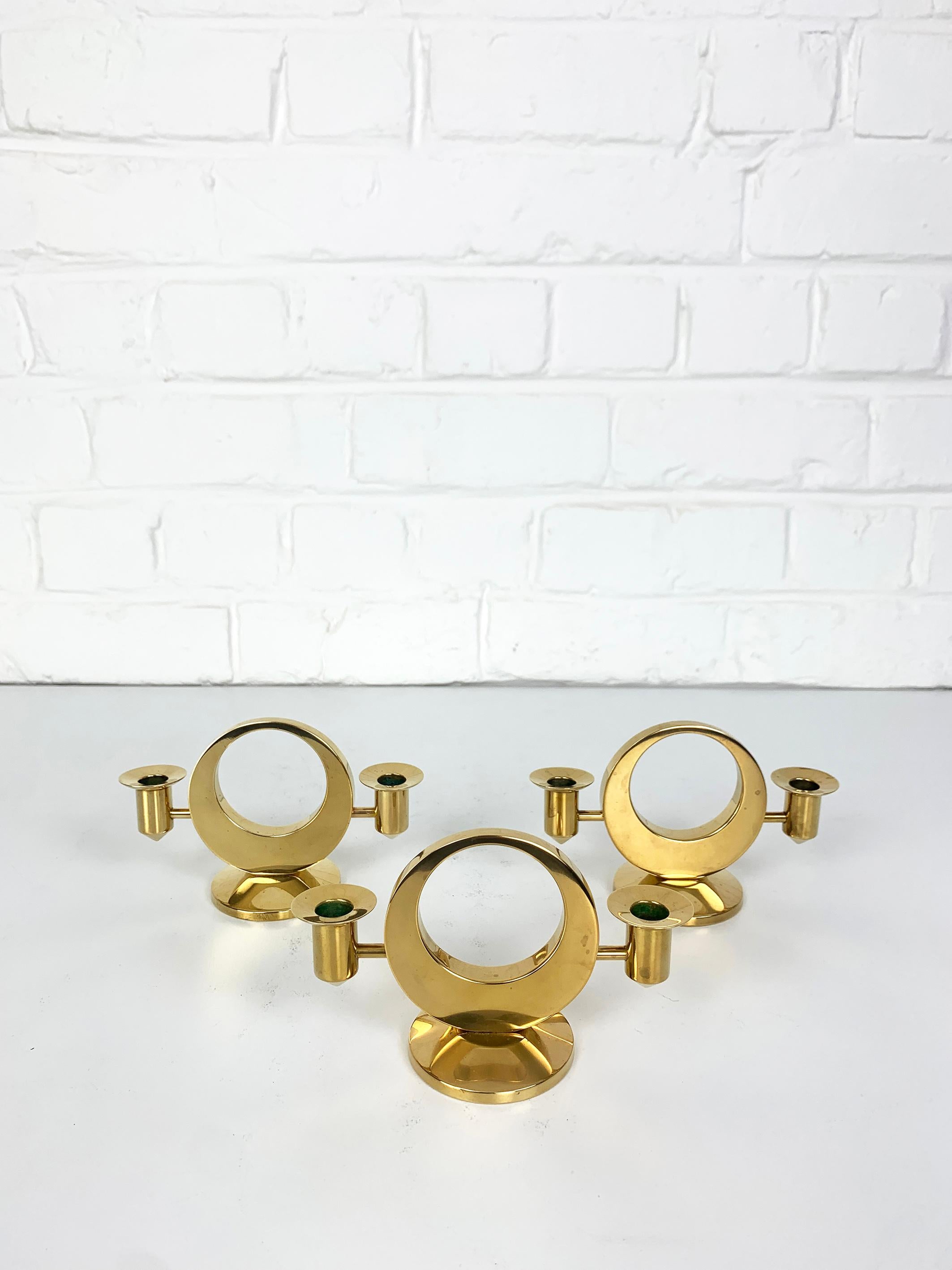 20th Century Set of 3 Mid-Century Candelabras in Brass by Arthur Pe, Kolbäck, Sweden For Sale