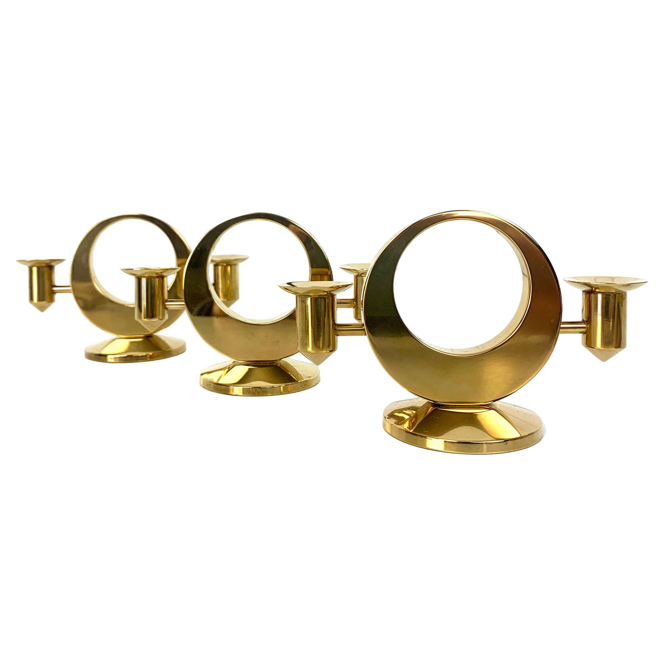 Set of 3 Mid-Century Candelabras in Brass by Arthur Pe, Kolbäck, Sweden For Sale