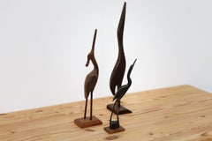 Set of Three Elegant Mid-Century Hand Carved Oak, Wenge, and Horn Storks