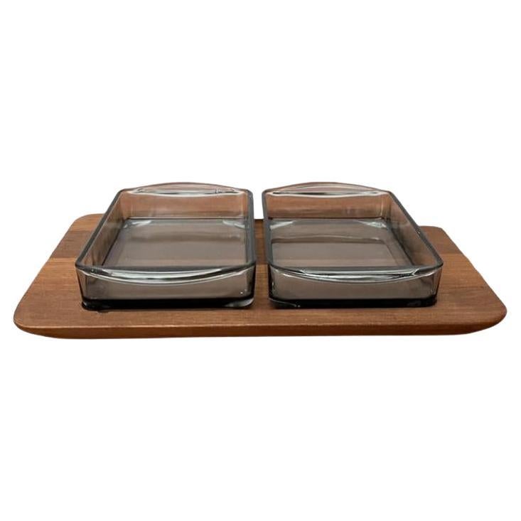 Set of 3 Mid-Century Danish Cabaret Glass Bowls with Teak Tray, 1960s