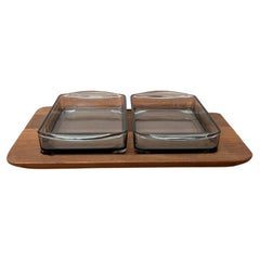 Set of 3 Mid-Century Danish Cabaret Glass Bowls with Teak Tray, 1960s