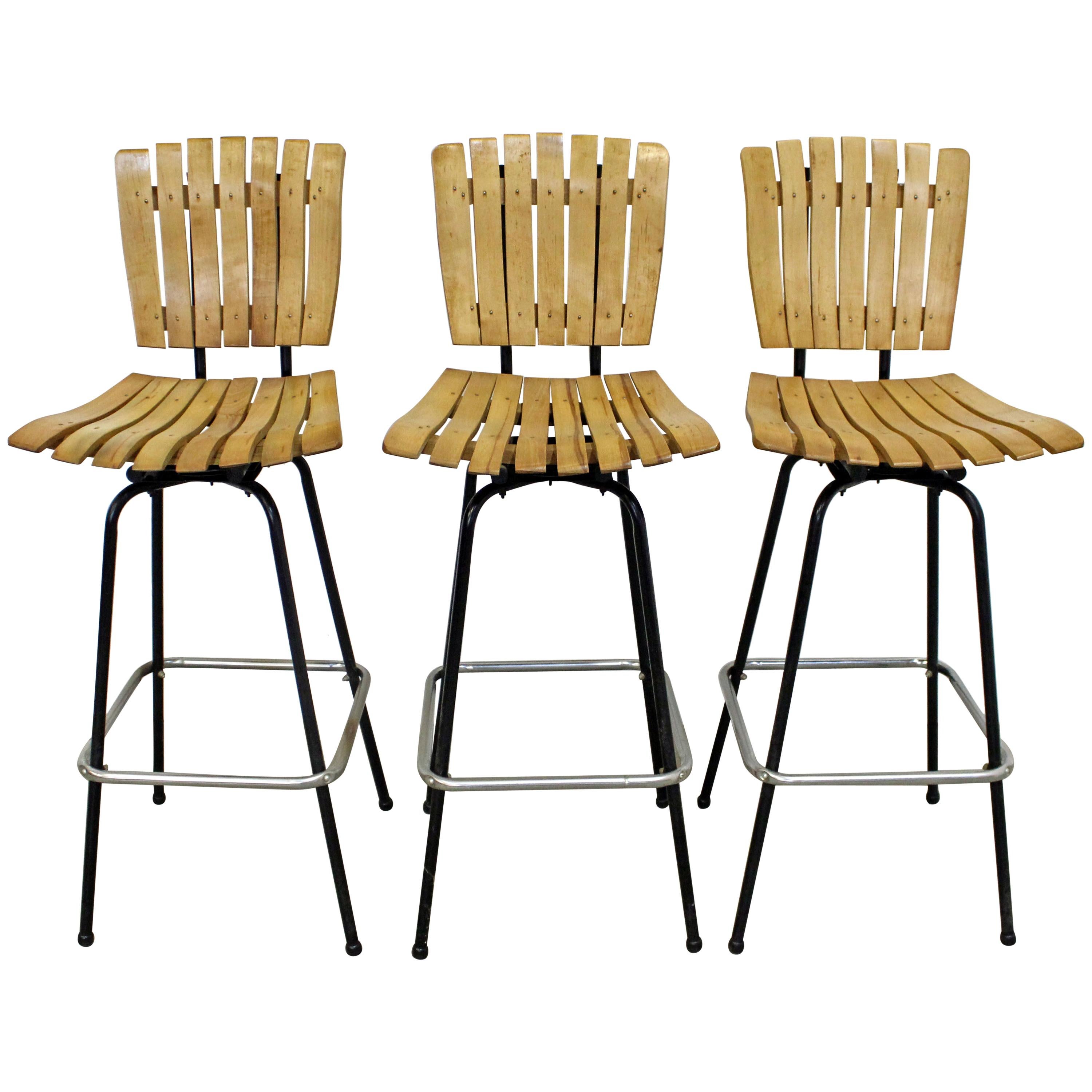 Set of 3 Midcentury Danish Modern Arthur Umanoff Style Swivel Slat Bar