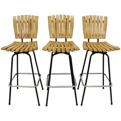 Set of 3 Midcentury Danish Modern Arthur Umanoff Style Swivel Slat Bar Stools