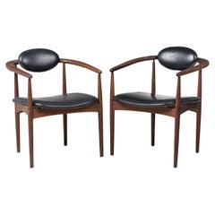 Set of 3 Midcentury Danish Modern Black Leather Upholstered Armchairs, Manner O