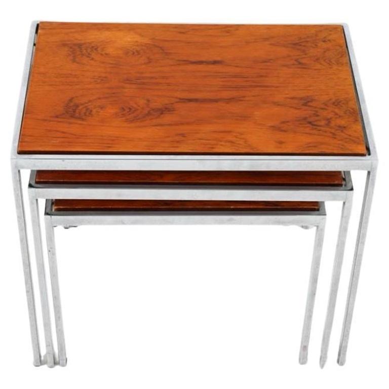 Mid-Century Modern Set of 3 Mid-Century Danish Modern Nesting Tables chrome Rosewood For Sale