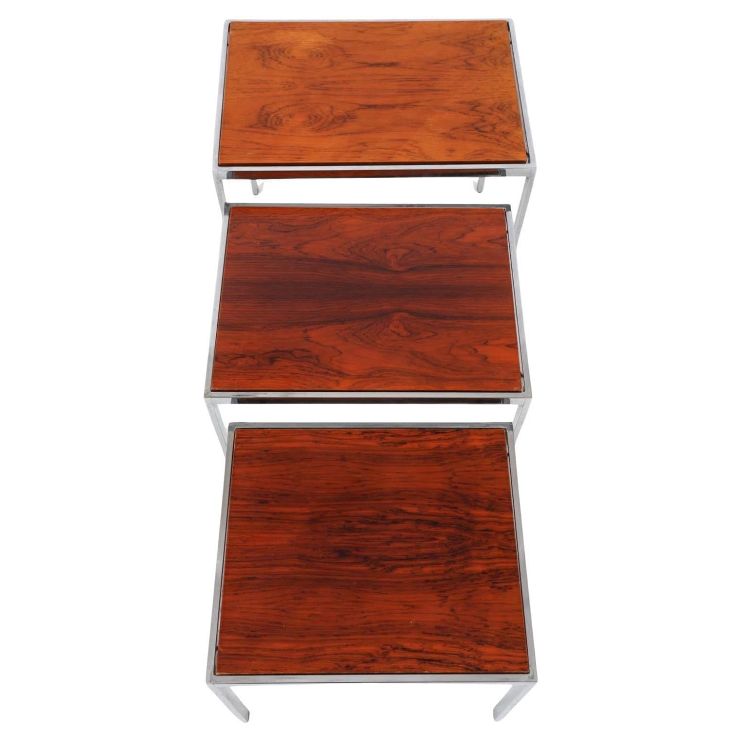 Set of 3 Mid-Century Danish Modern Nesting Tables chrome Rosewood In Good Condition For Sale In Brooklyn, NY