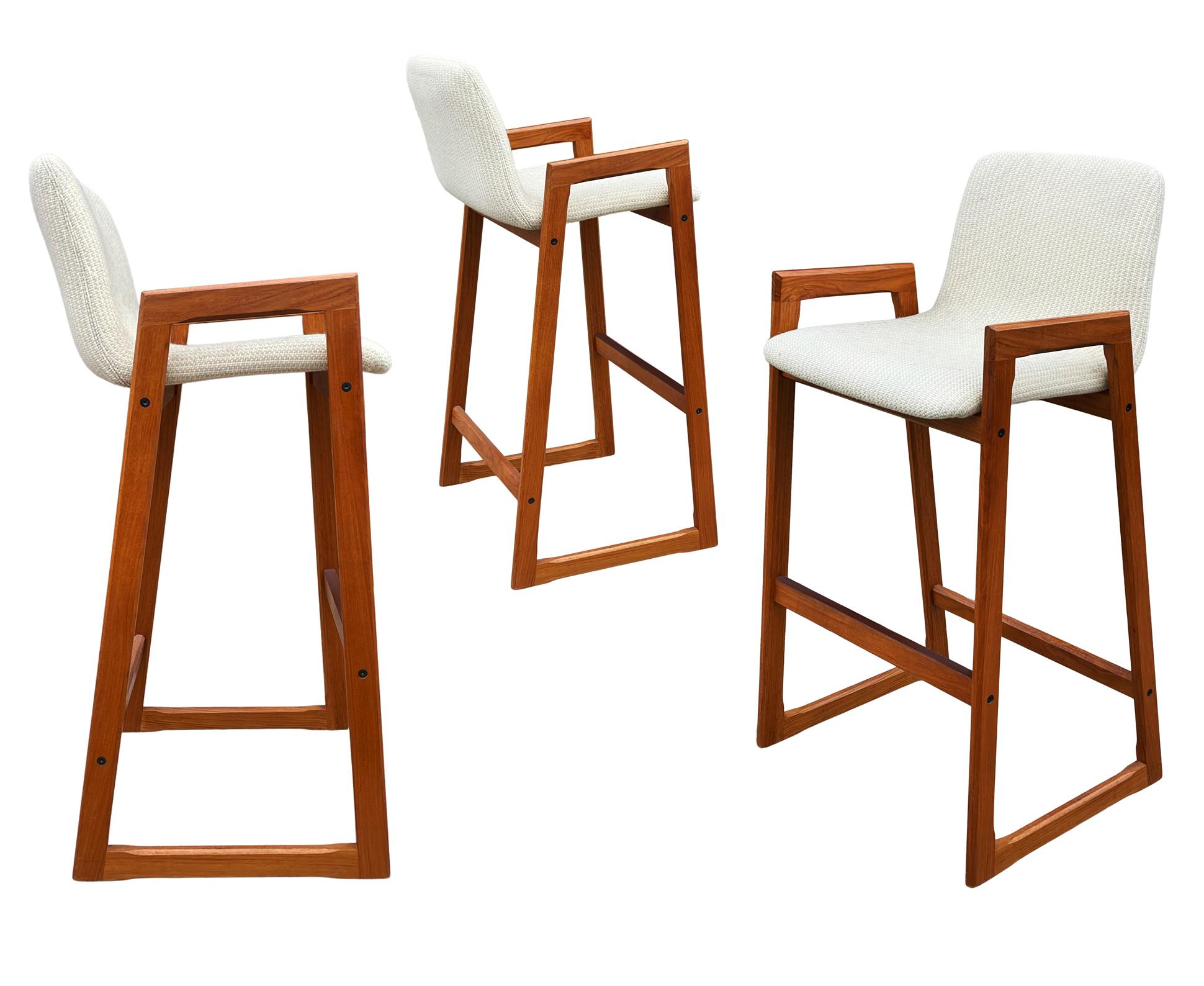Late 20th Century Set of 3 Midcentury Danish Modern Teak Bar Stools with Fabric Seats For Sale