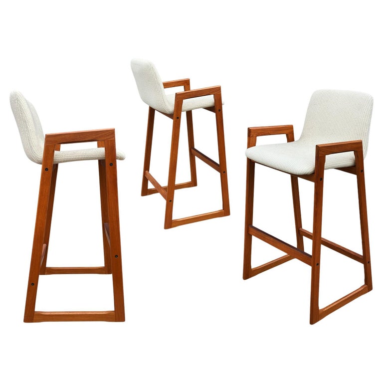 Set of 3 Midcentury Danish Modern Teak Bar Stools with Fabric Seats For