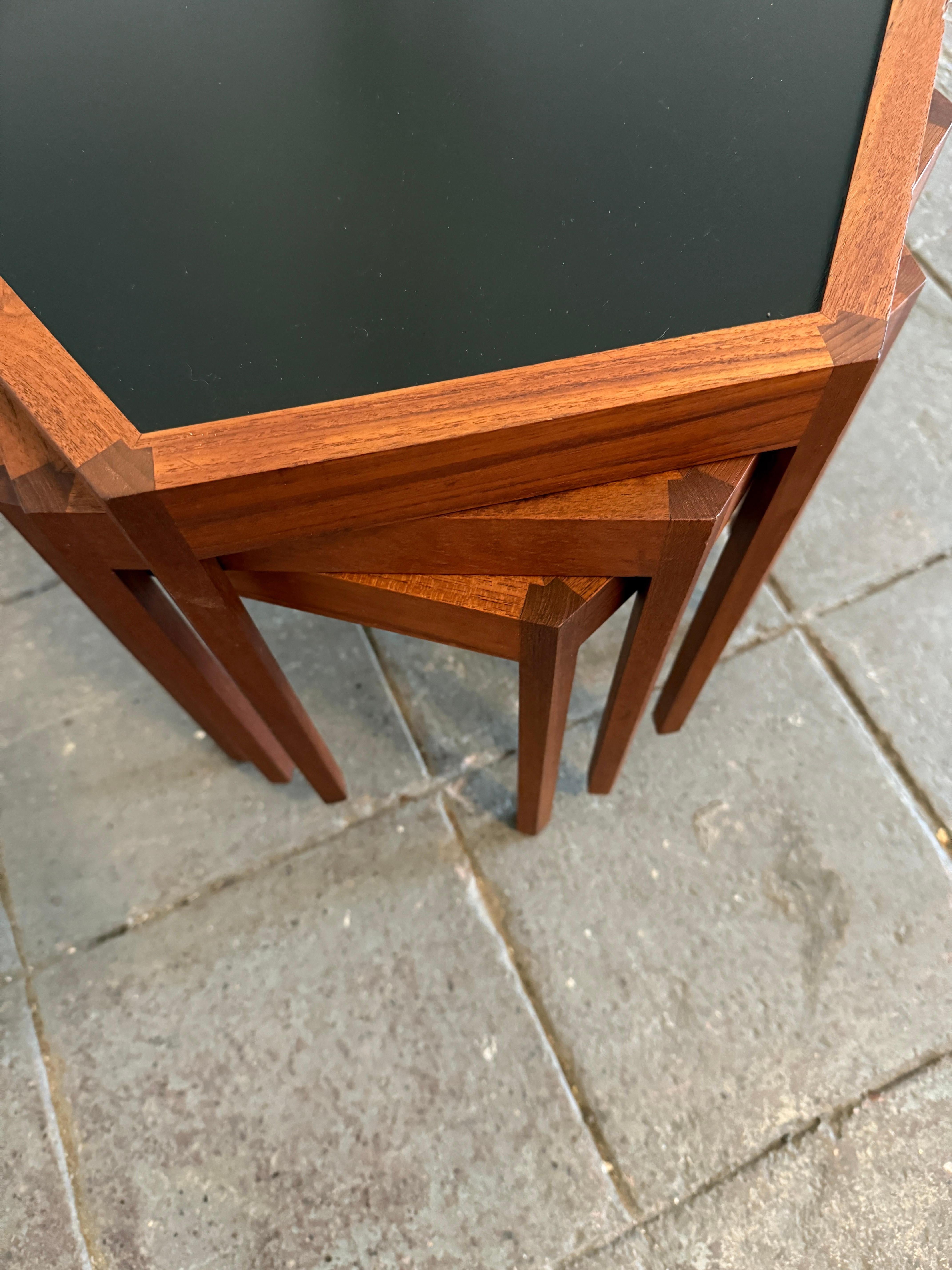 Woodwork Set 3 Mid century Danish modern teak hexagon stacking tables by Hans C. Andersen For Sale