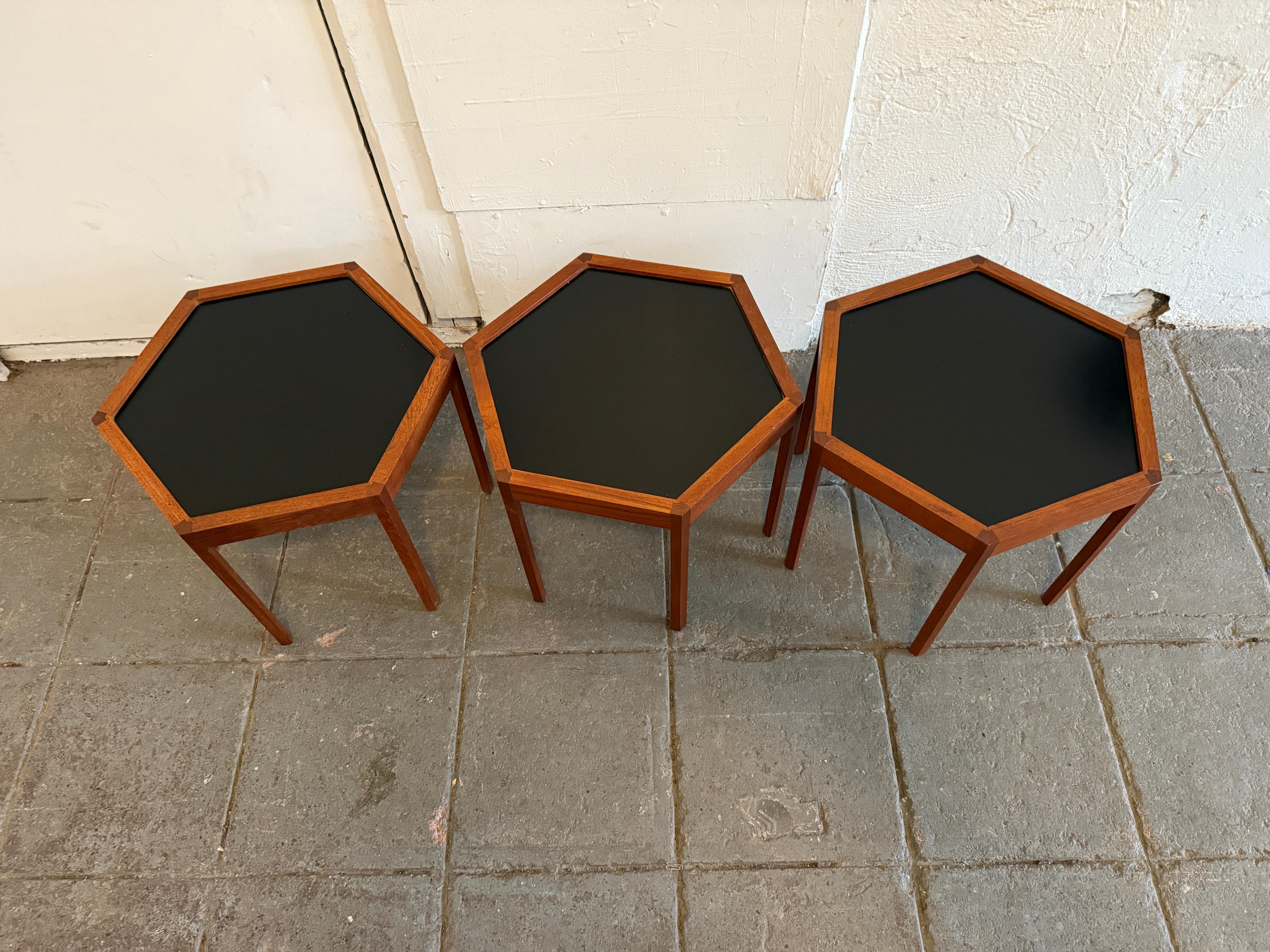 Formica Set 3 Mid century Danish modern teak hexagon stacking tables by Hans C. Andersen For Sale