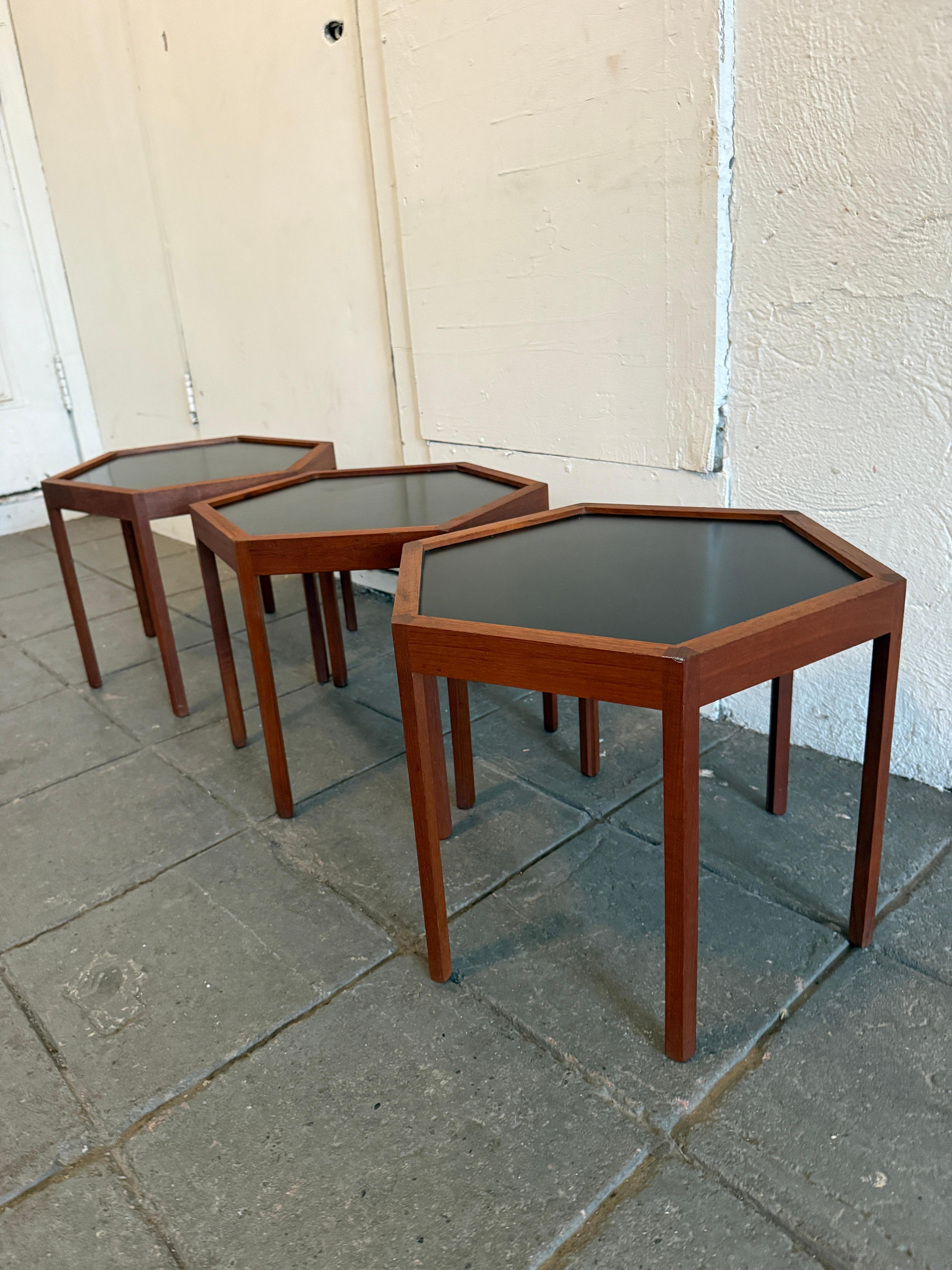Set 3 Mid century Danish modern teak hexagon stacking tables by Hans C. Andersen For Sale 1