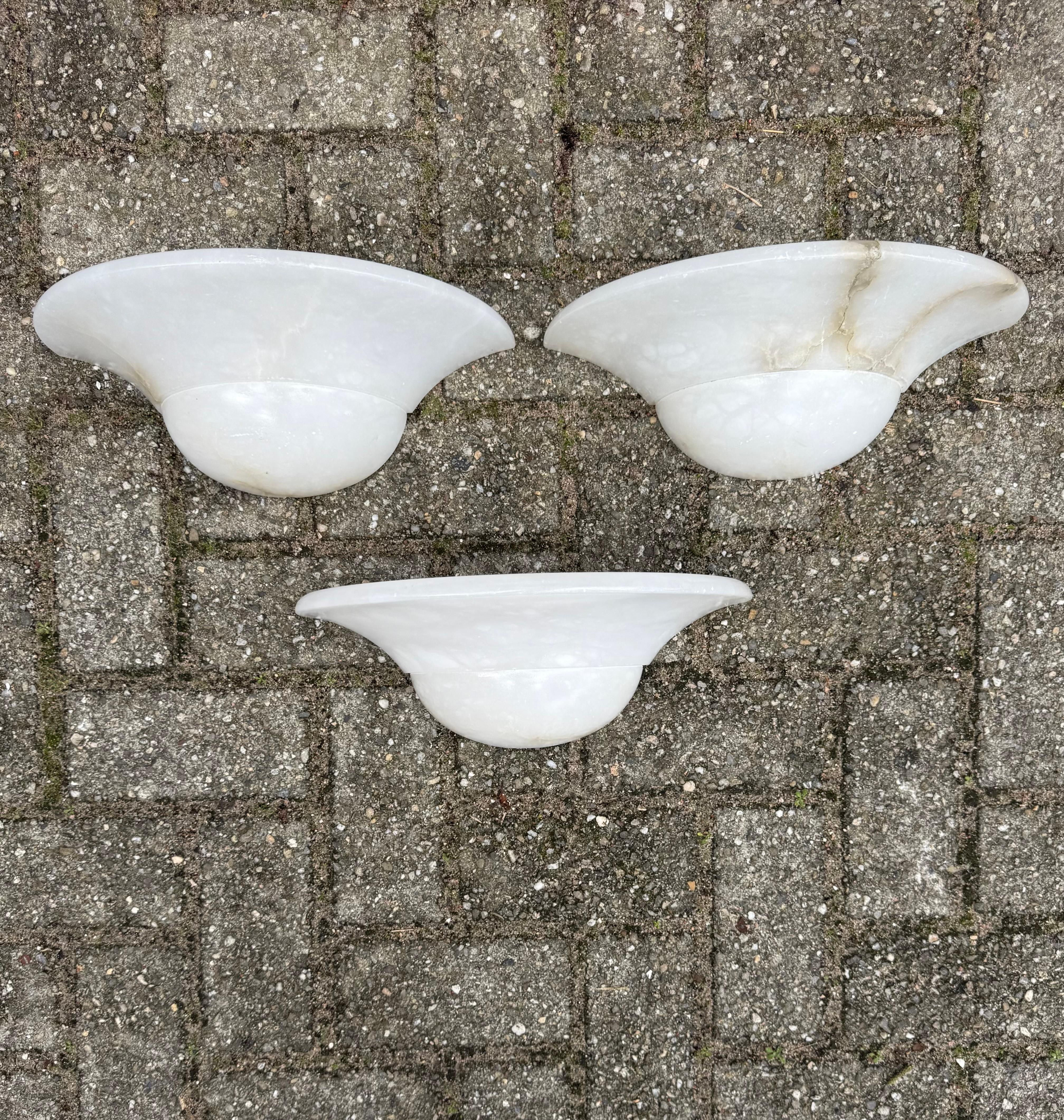 Hand-Carved Set of 3 Mid-Century Era, Art Deco Style, Great Condition Alabaster Wall Sconces For Sale