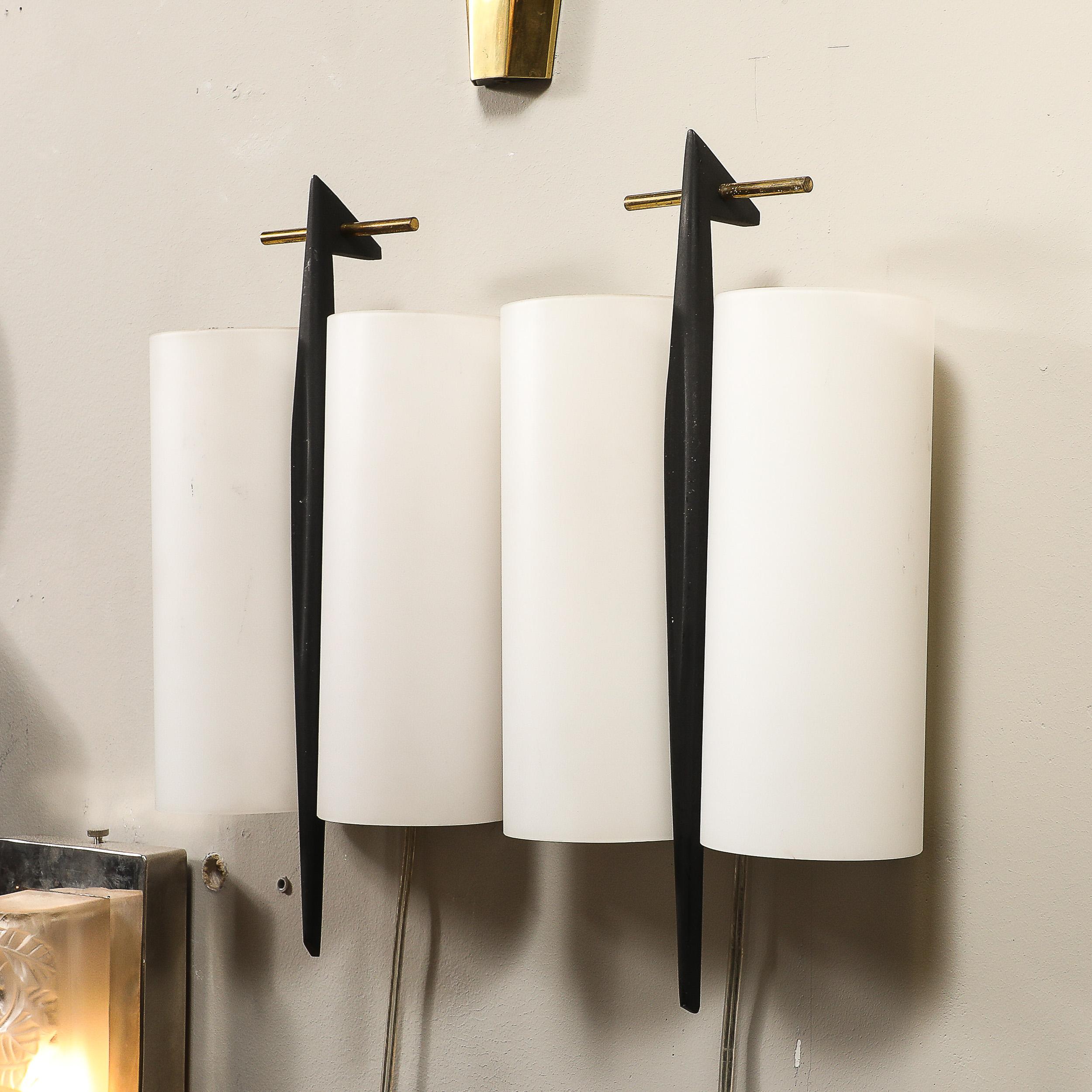 Set of 3 Mid-Century Frosted Glass, Brass & Black Enamel Sconces by Maison Arlus For Sale 4
