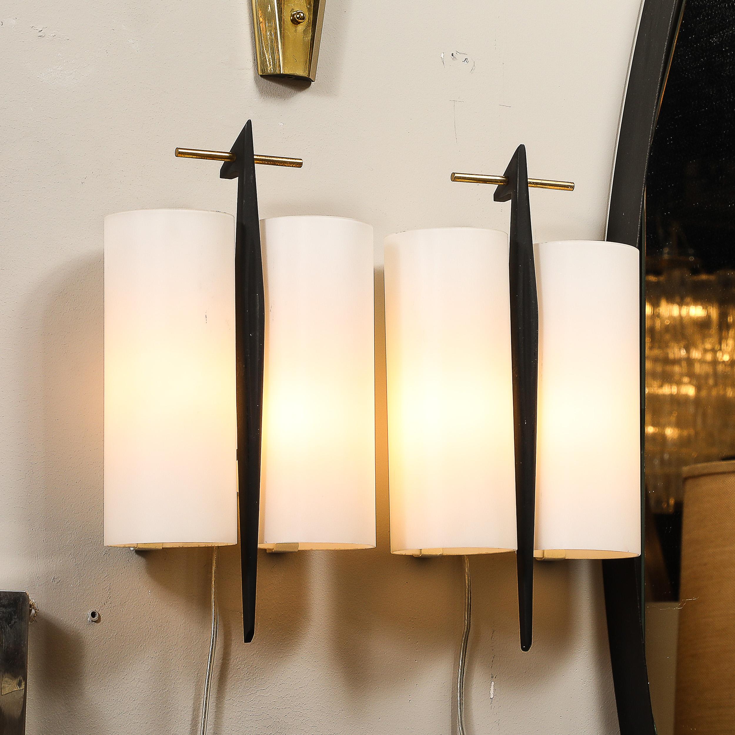 Set of 3 Mid-Century Frosted Glass, Brass & Black Enamel Sconces by Maison Arlus For Sale 5