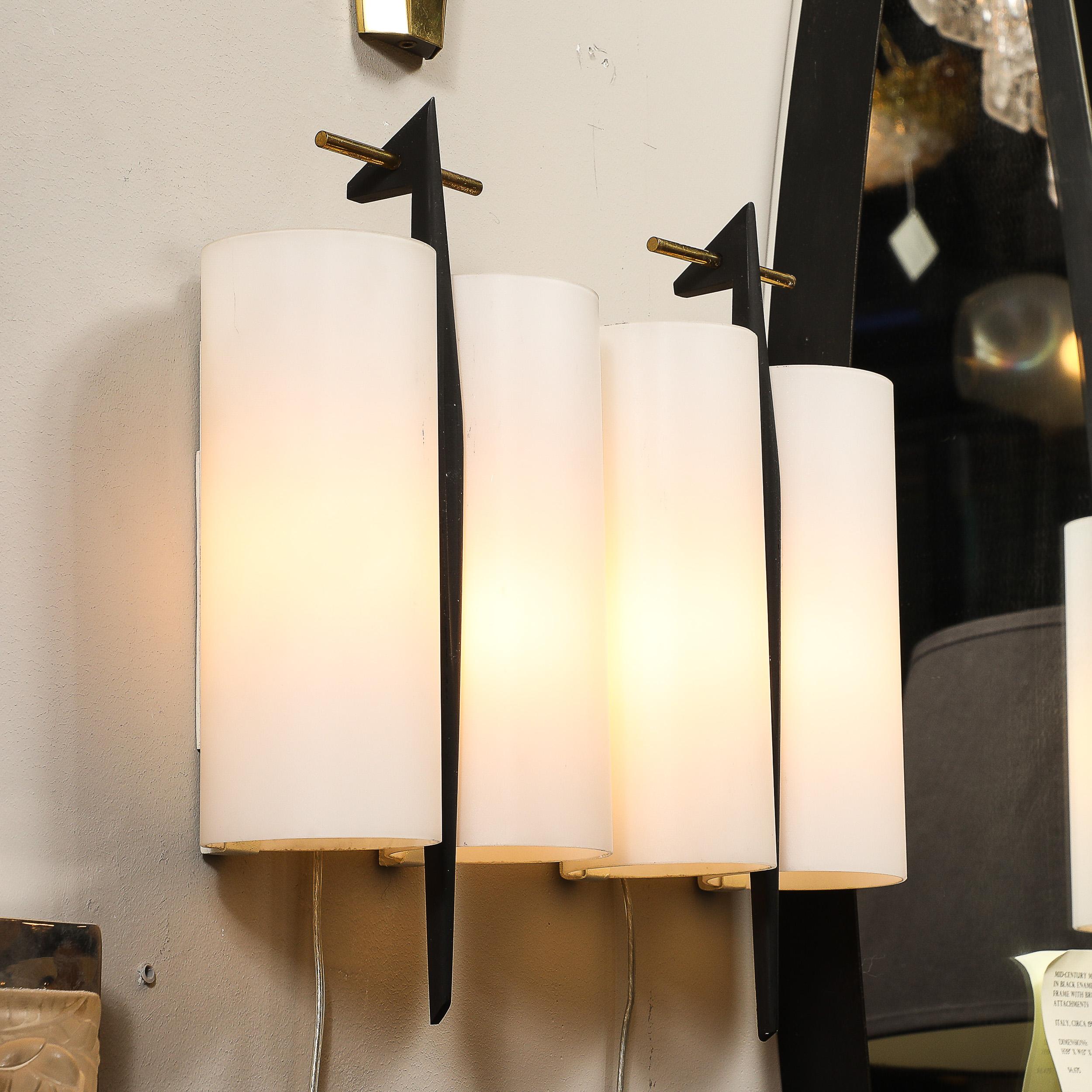 Set of 3 Mid-Century Frosted Glass, Brass & Black Enamel Sconces by Maison Arlus For Sale 6
