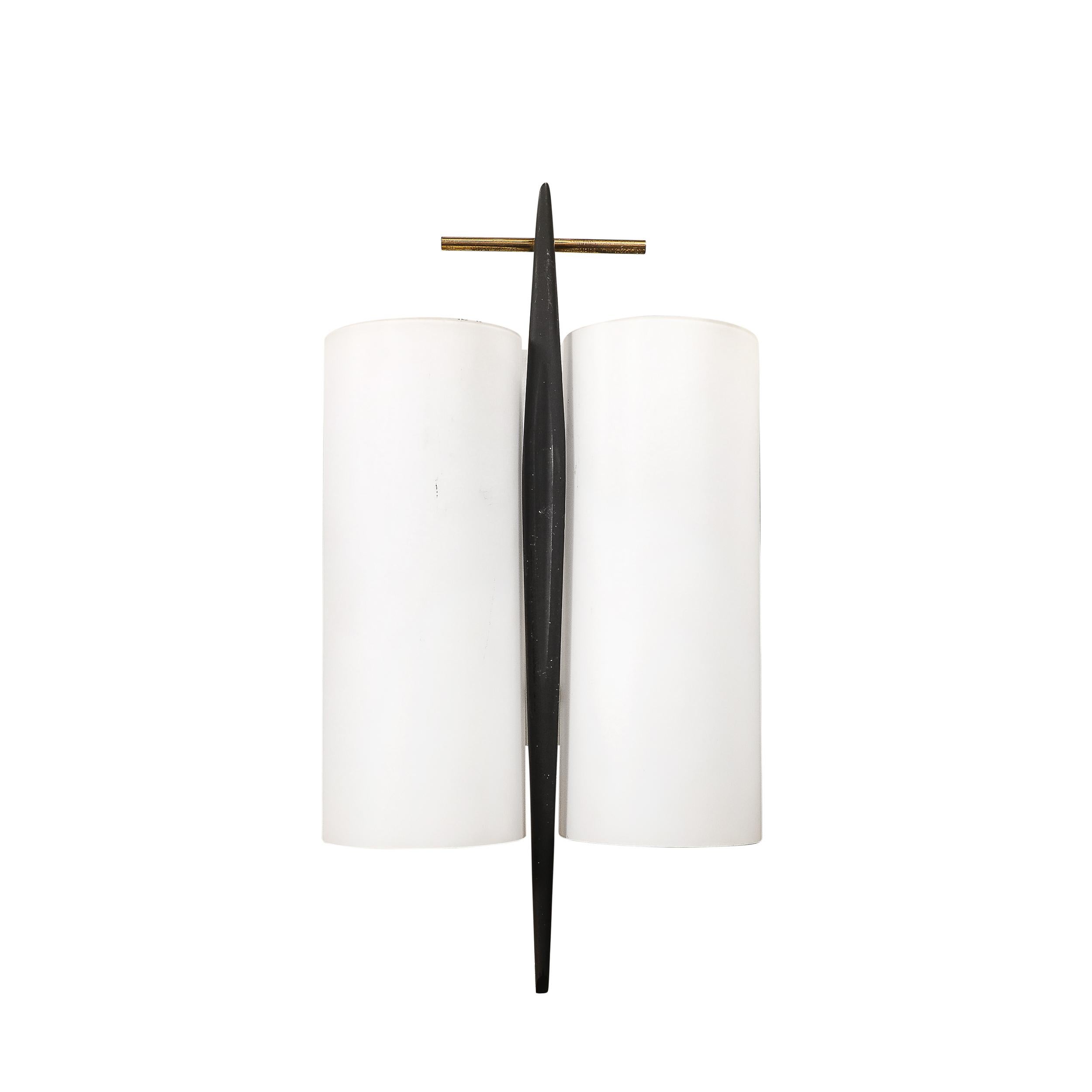 Mid-Century Modern Set of 3 Mid-Century Frosted Glass, Brass & Black Enamel Sconces by Maison Arlus For Sale