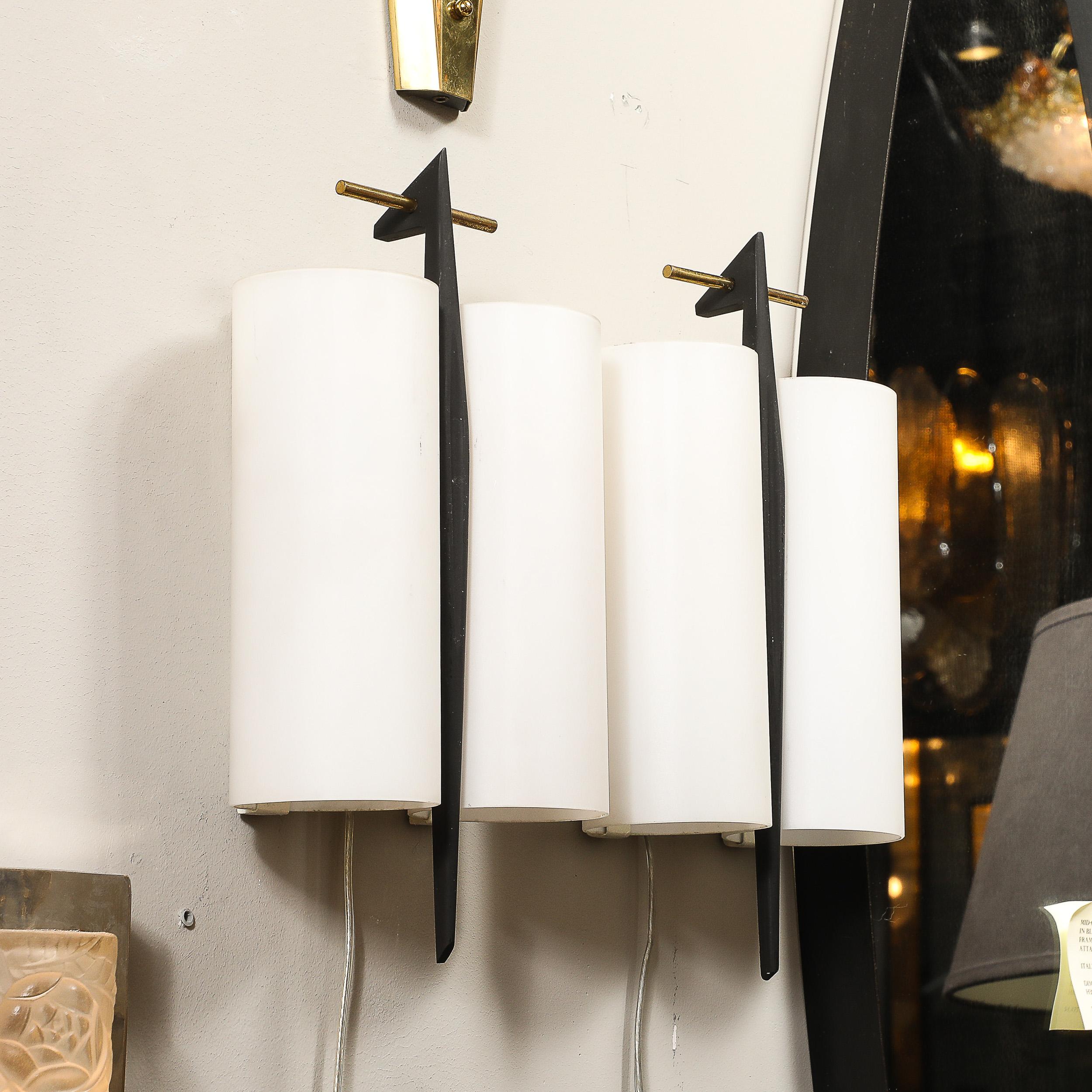 French Set of 3 Mid-Century Frosted Glass, Brass & Black Enamel Sconces by Maison Arlus For Sale