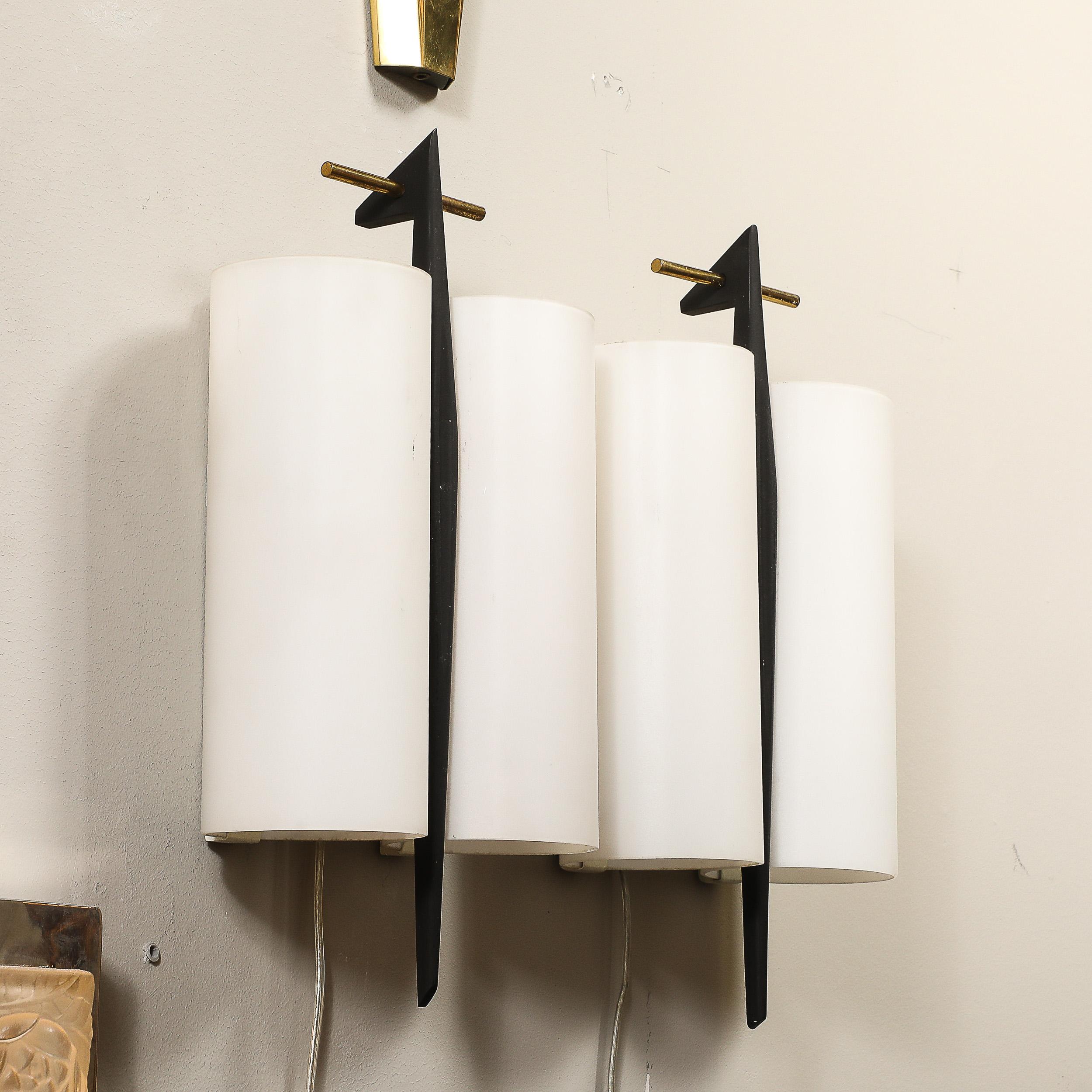 Set of 3 Mid-Century Frosted Glass, Brass & Black Enamel Sconces by Maison Arlus In Excellent Condition For Sale In New York, NY