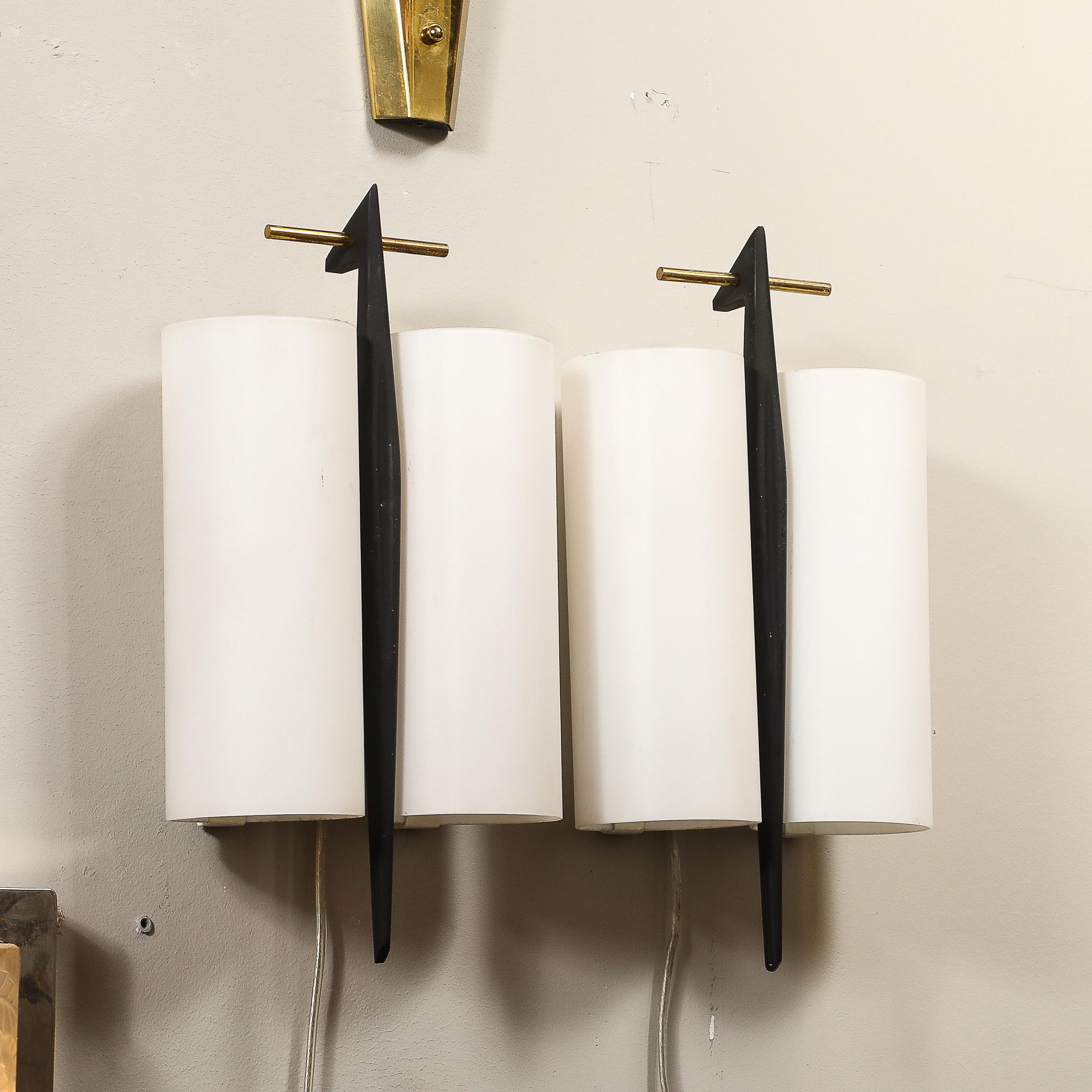 Mid-20th Century Set of 3 Mid-Century Frosted Glass, Brass & Black Enamel Sconces by Maison Arlus For Sale