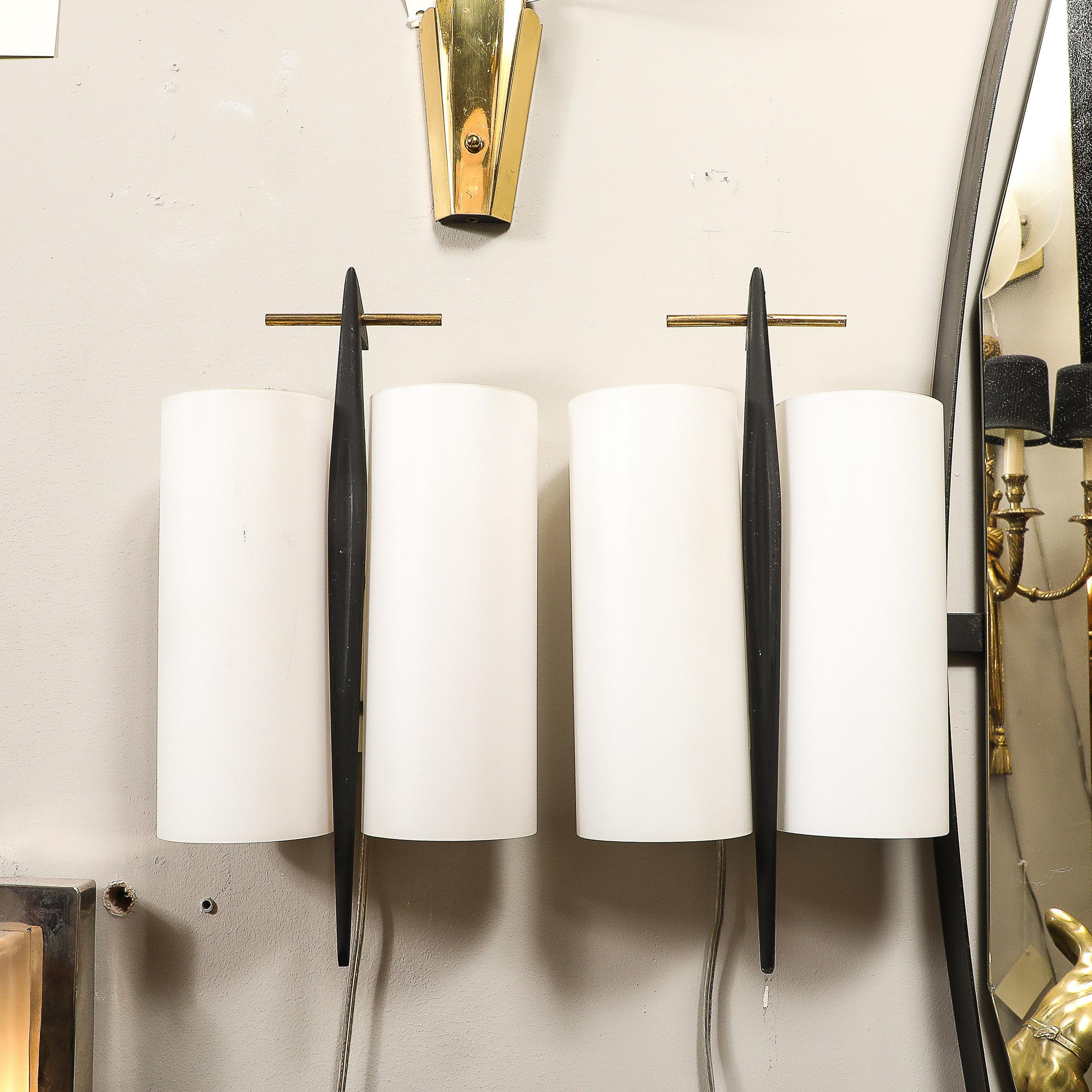 Set of 3 Mid-Century Frosted Glass, Brass & Black Enamel Sconces by Maison Arlus For Sale 1
