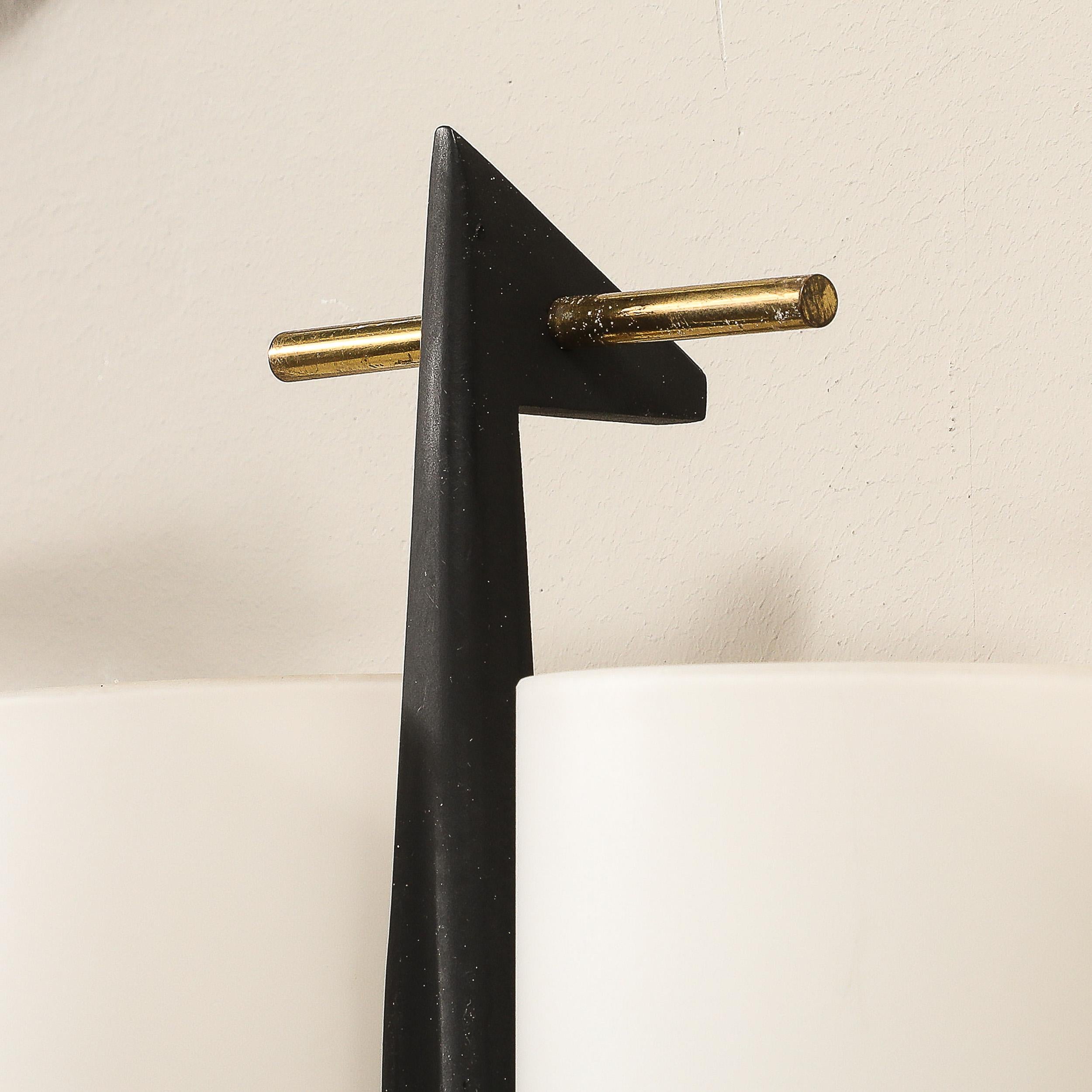 Set of 3 Mid-Century Frosted Glass, Brass & Black Enamel Sconces by Maison Arlus For Sale 2