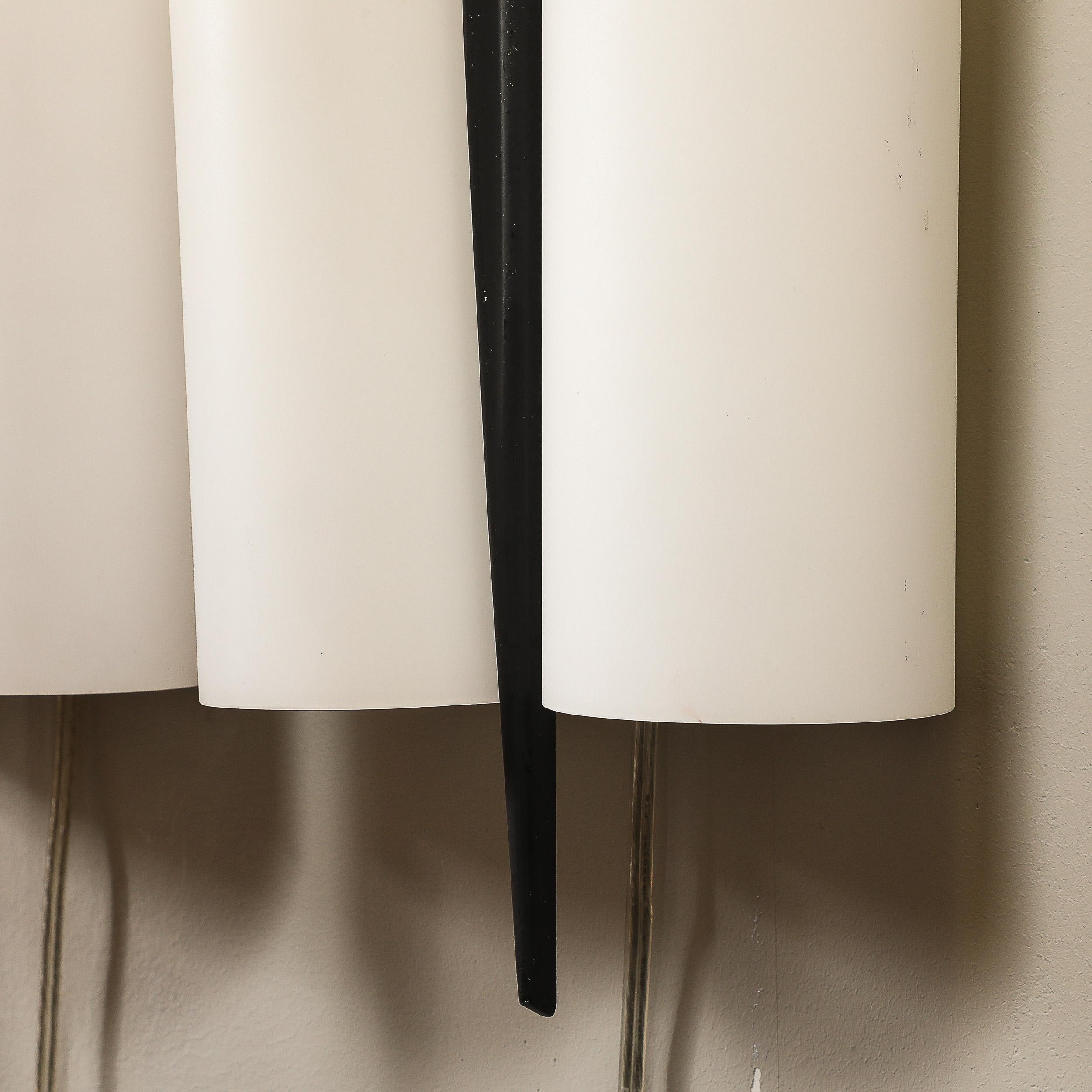 Set of 3 Mid-Century Frosted Glass, Brass & Black Enamel Sconces by Maison Arlus For Sale 3